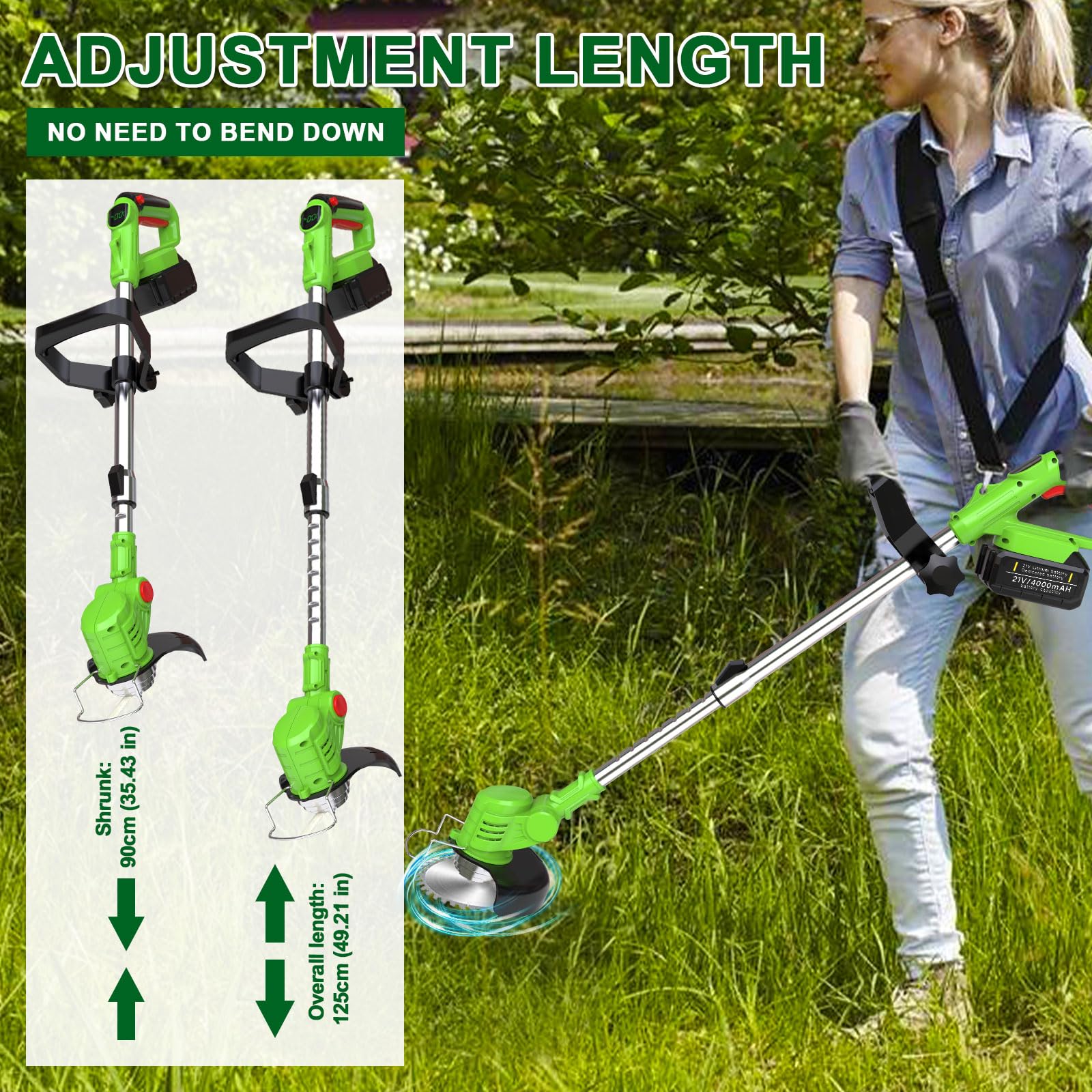 Desbrozadora Bateria 21V Desbrozadora Electrica con 2 4.0Ah Baterías y 4 Cuchillas, Cortabordes Bateria 4 en 1 con Mango Retráctil y Rotación de Cabezal de 90° para Césped Jardín Poda,Green