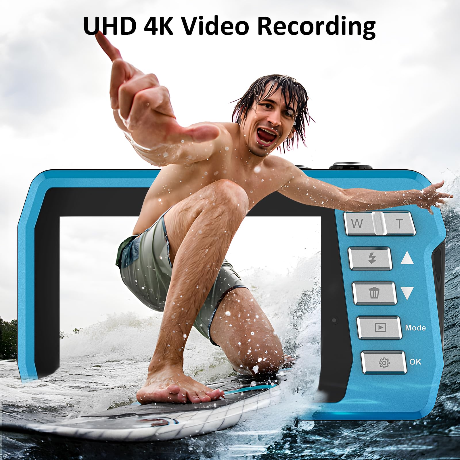 Fotocamera Subacquea 4K 64MP - Impermeabile 10m, Doppio Schermo, Autofocus, Batteria 1500 MAh, Con Scheda 32 GB