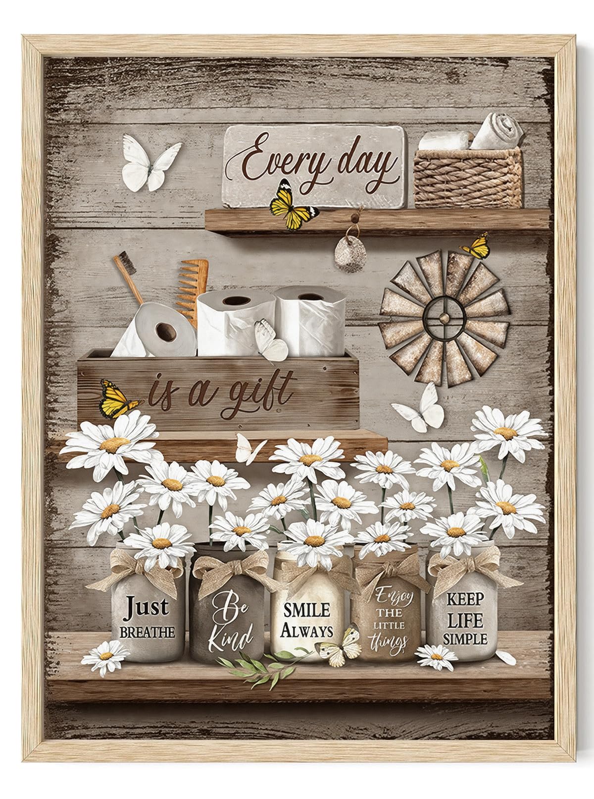 KISSFOX Citas inspiradoras vintage lienzo arte de pared rústico granja margaritas mariposas impresión artística cabaña roble natural madera enmarcado arte para dormitorio baño