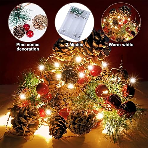 Miniatura 2 de Guirnalda de Navidad de 30 luces LED de 10 pies con luces, decoraciones de cono de pino para interior del hogar, chimenea, escalera