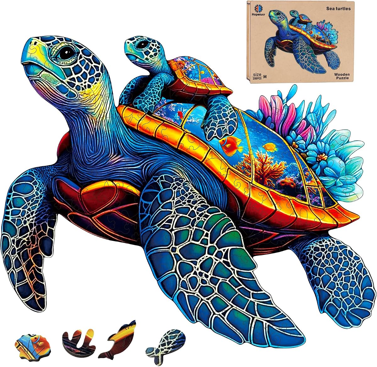 Wooden Jigsaw Puzzles for Adults Teens Kids, Parent & Baby Sea Turtle Wood Puzzle, Wooden Puzzles for Adults, Unique Animal Shaped Puzzle, Fun Challenging Family Games, 200pcs 11.5" x 9.7"