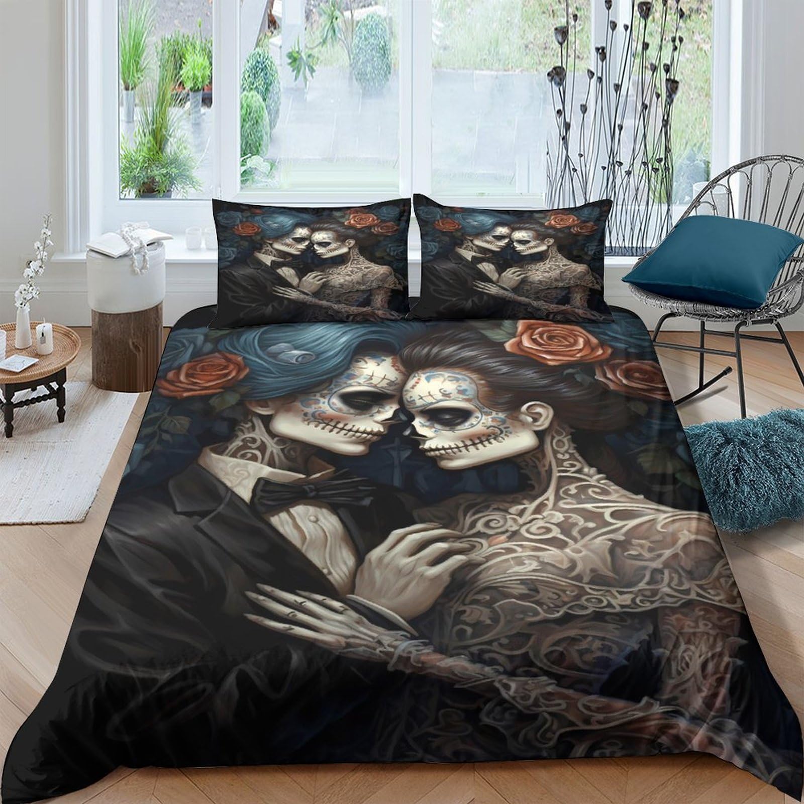 Ctjqhvkz Style-6 3D Printed Gothic Skull Couple Fitted Sheet Microfiber Black Rose Mattress Cover For Bedroom Dorm Decorative Protection Single（135X200cm）