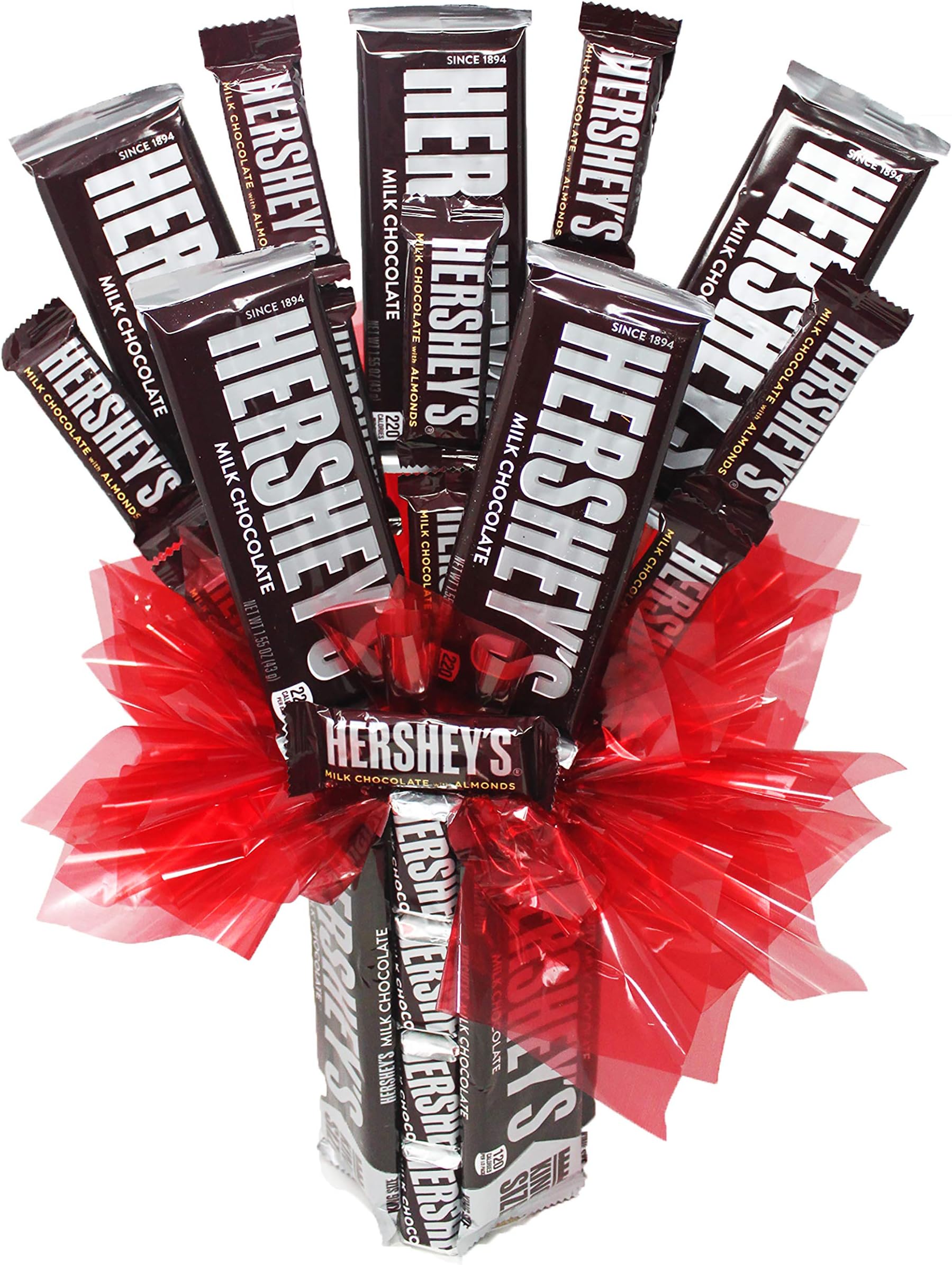 Hershey's Milk Chocolate & Almonds Candy Bouquet with King Size, Full Size, Fun Size & Snack Size Bars. Perfect Gift Idea for the Chocolate Lovers. Birthdays, Anniversary, Get Well Soon.