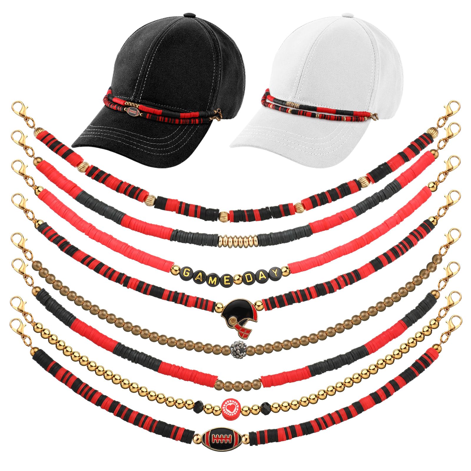 Geyoga 9 Pcs Trucker Hat Chains Trucker Hat Charms Women Man Bill Decoration Detachable DIY Metal Chain for Mesh Baseball Cap(Black Red,Game Day)