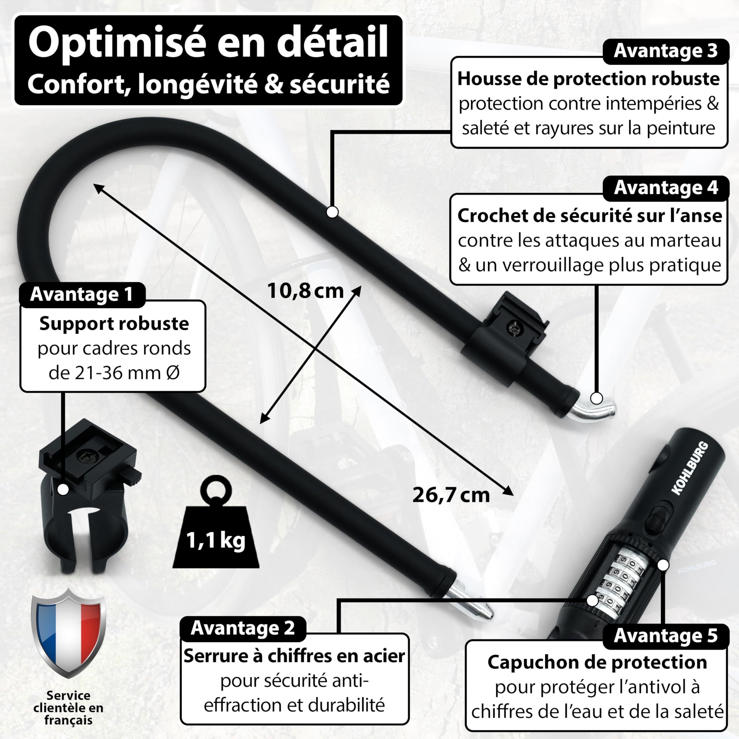 KOHLBURG Antivol en U, avec serrure à combinaison pour vélo, avec support | Antivol en U avec code, Serrure à combinaison vélo - haute sécurité pour vélo électrique - noyau en acier de 12 mm