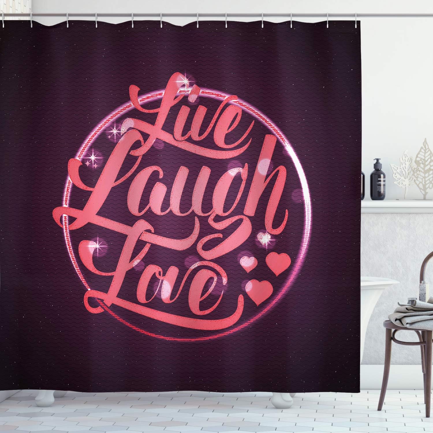 Ambesonne Live Laugh Love Shower Curtain, Vibrant Romantic Vintage Stamp Inspired Circle Popular Saying Print, Cloth Fabric Bathroom Decor Set with Hooks, 69" W x 70" L, Coral Plum White
