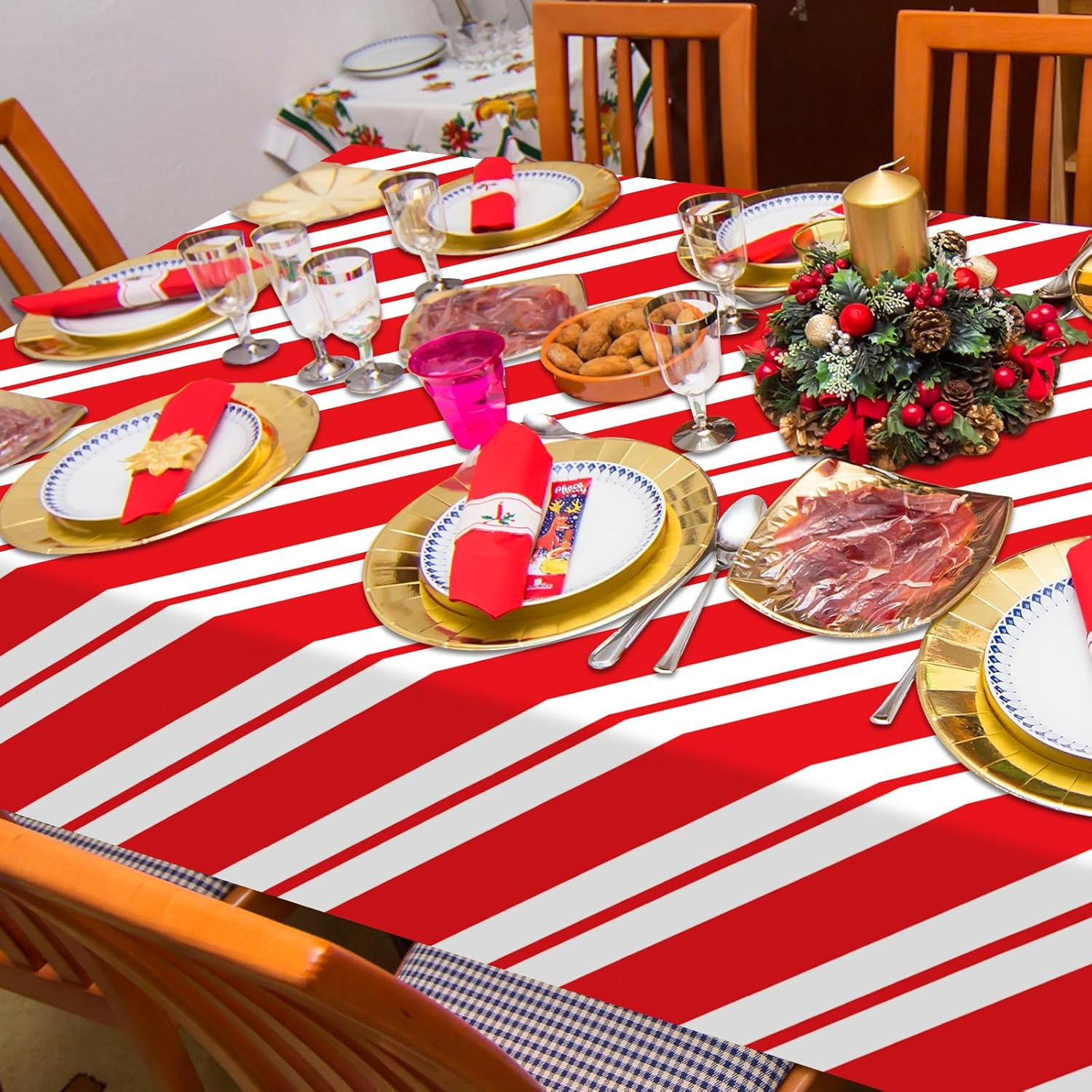 party greeting Red and White Striped Tablecloth Roll 51inch x 100ft Christmas Candy Cane Striped Table Cover Christmas Holiday Party Supplies Wall Backdrop for Xmas Dining Kitchen Decor