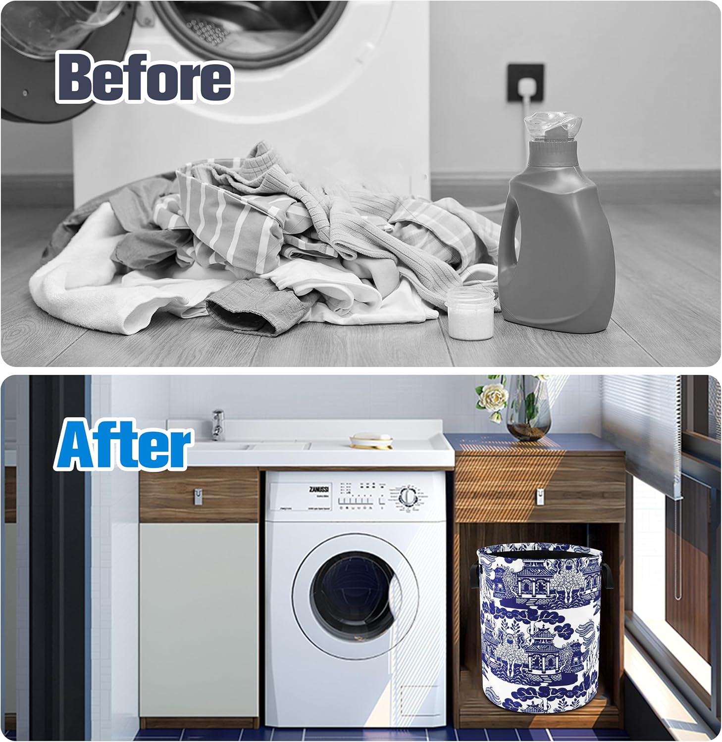 Blue White Porcelain Pattern Laundry Basket Foldable Waterproof 18.9x16.5In image 5