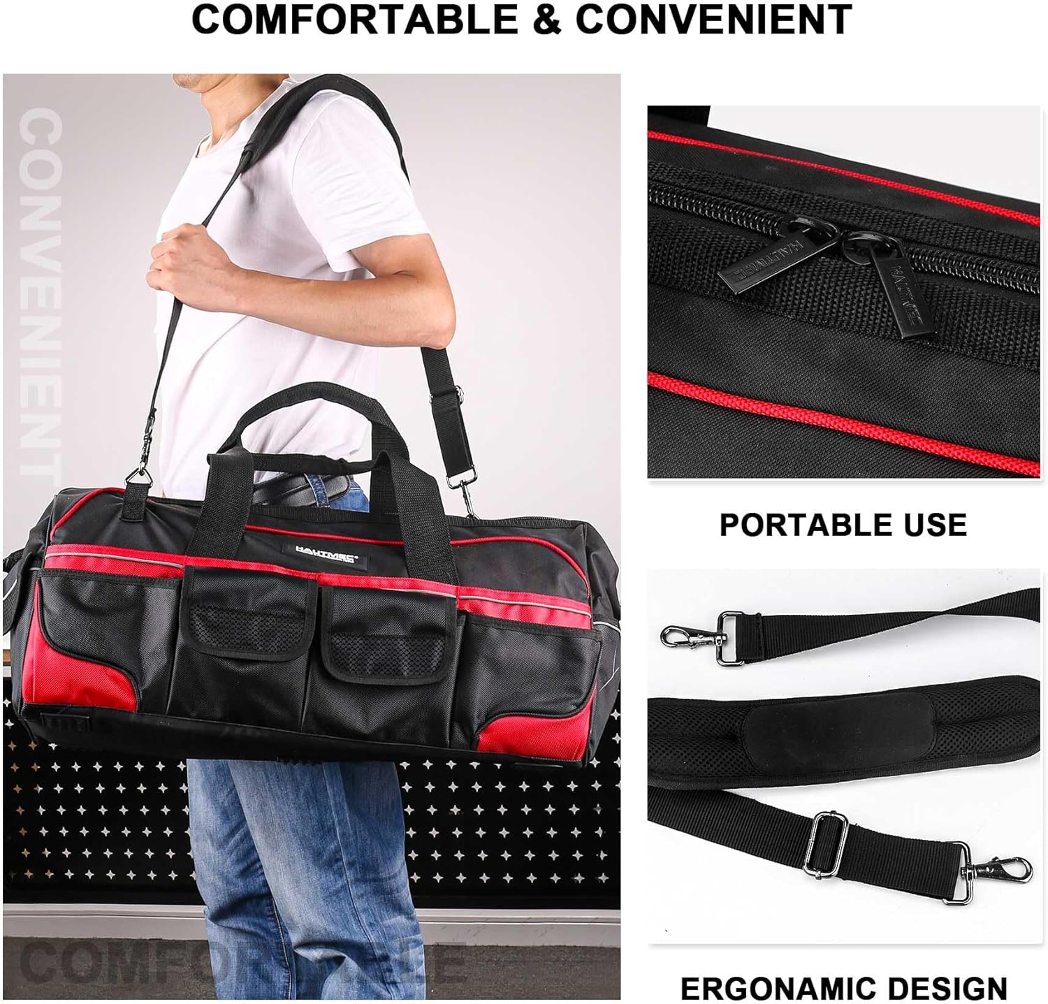 HAUTMEC 24 Inch Large Tool Bag, Heavy Duty 1680D Wide Mouth Tool Box Organizer, 36-Pockets Portable Utility Bag for Men with Level Holder and Removable Shoulder Strap, HT0284-TB