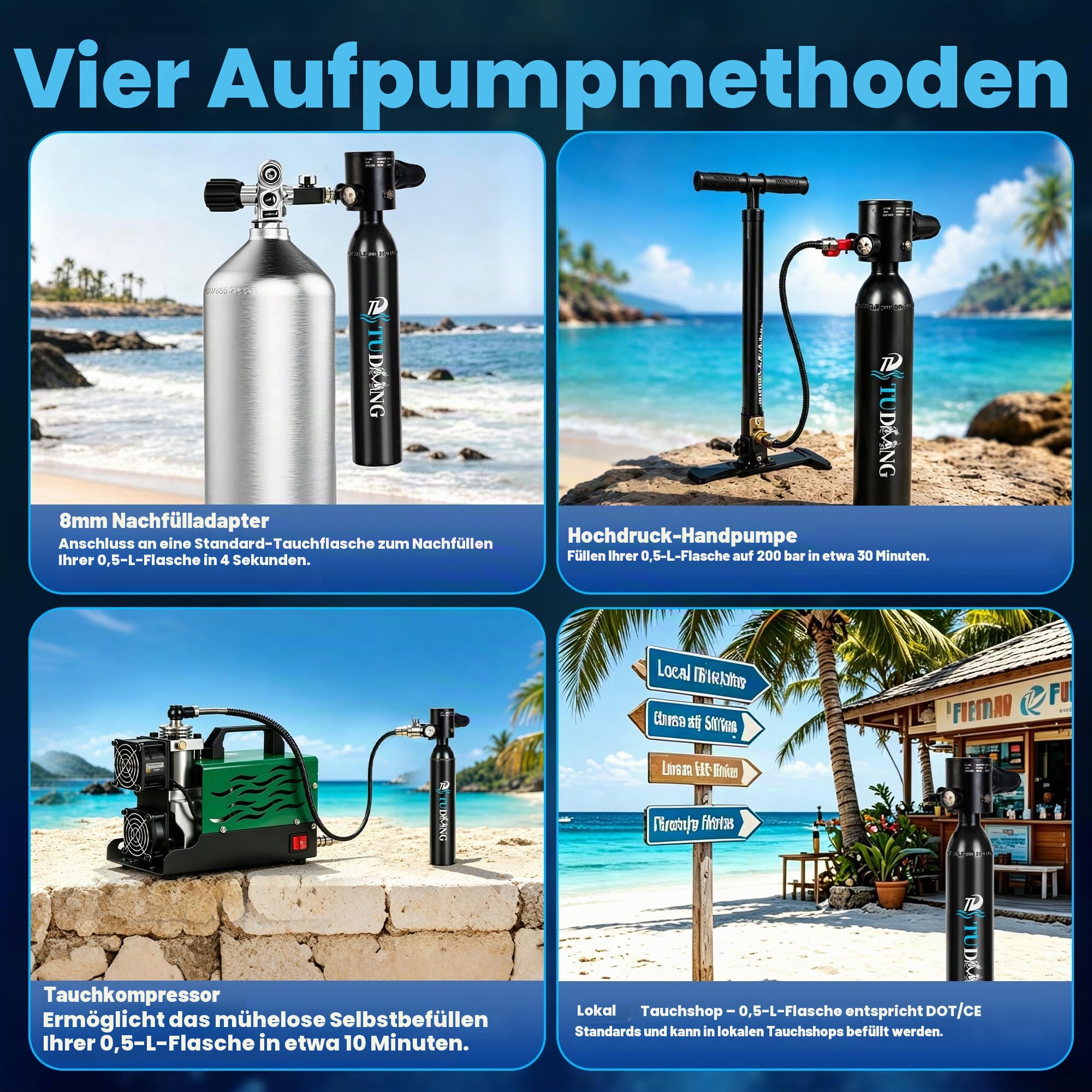 TUDIVING-0,5-l-Tauchflasche, Wiederverwendbare tragbare Mini-Sauerstoffflasche, Tauchausrüstung unterstützt 5-10 Minuten Unterwasser-Atmungstauchflasche (S300PLUS A1-Black)