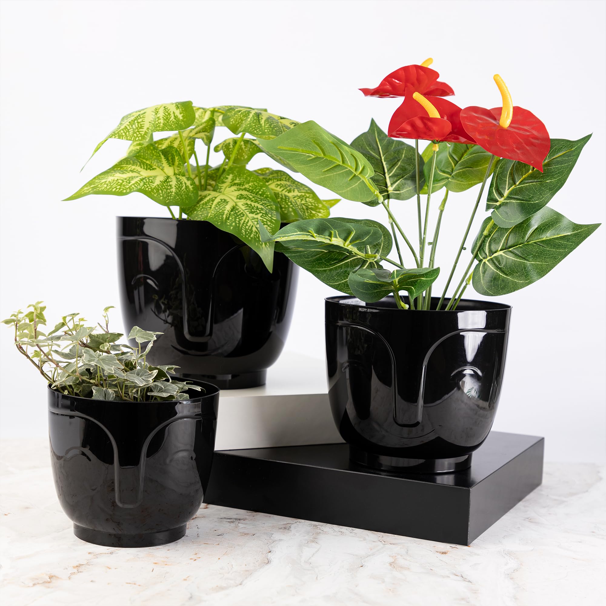 Home Garden Ornaments Plant Pots Indoor - Set of 3 Plastic Decorative Pots 14/16/18 cm, Smiling Face Pattern (Black) - Image 4