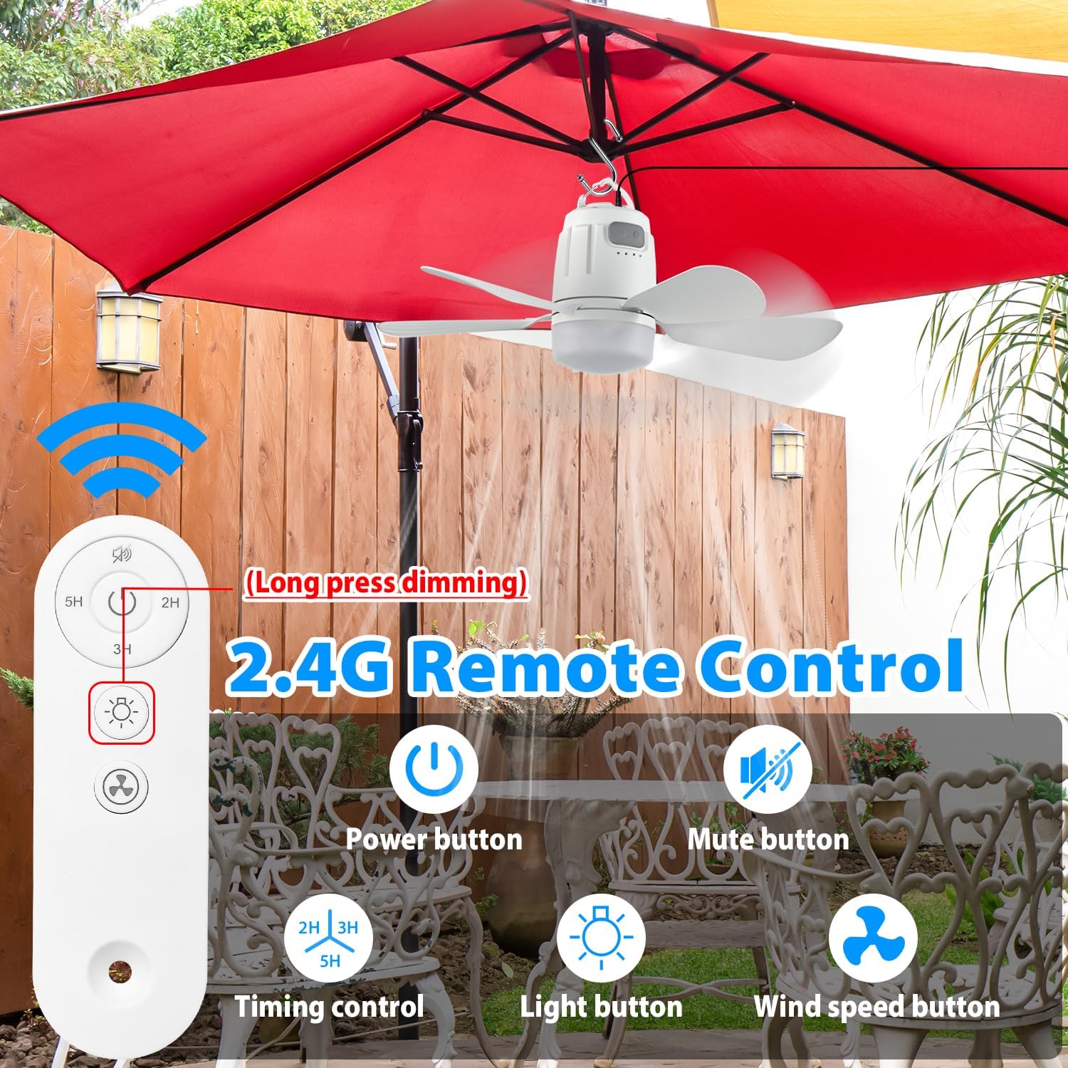 Gazebo Fan Outdoor Hanging with Light, Patio Plug in Ceiling Fan with 16.5ft Cord, Remote & Hook, Portable for Outside Canopy, Pop up Tent, Pergola (10'')