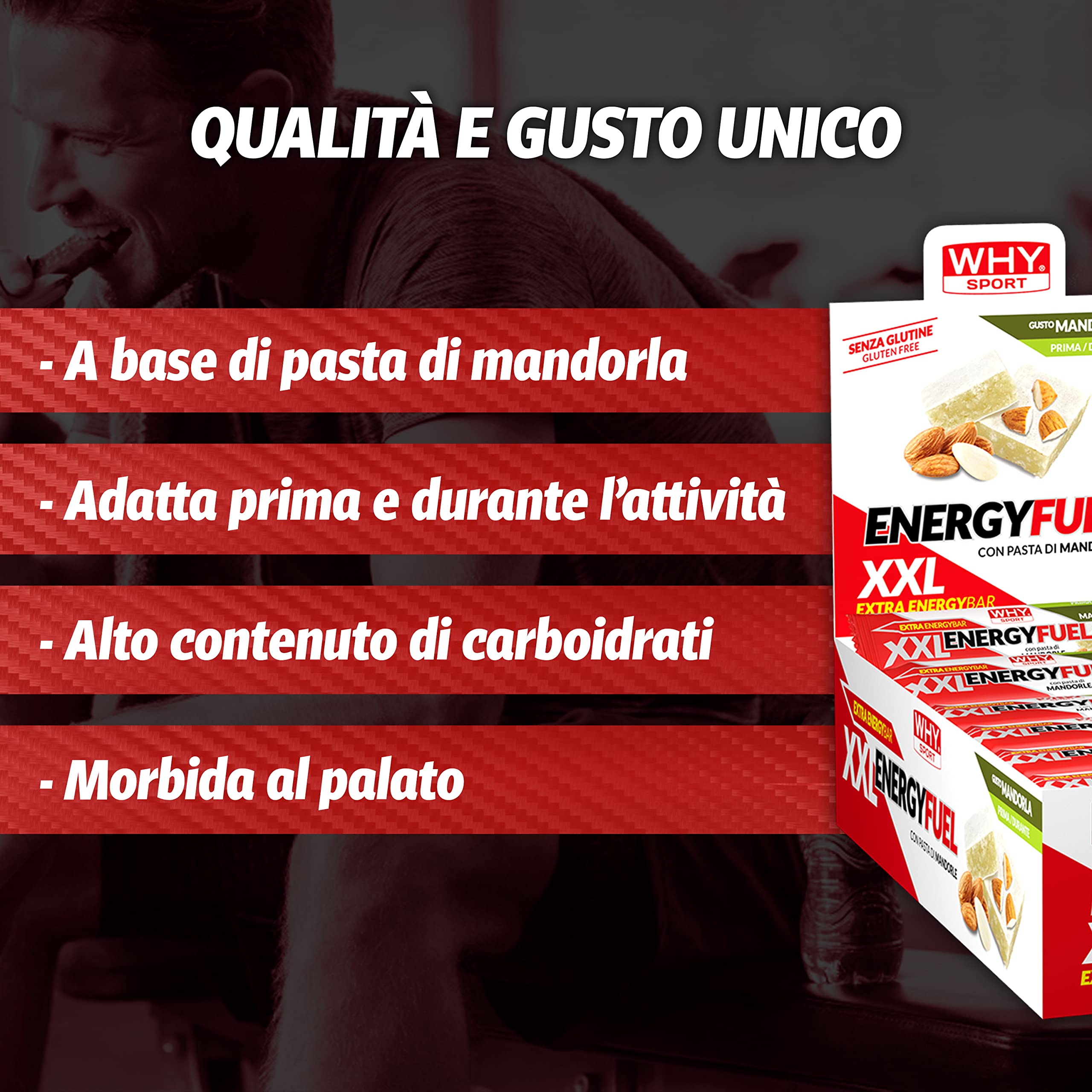 WHY SPORT ENERGY FUEL XXL - Barrette Energetiche con Pasta di Mandorle – Energy Bar Gusto Mandorla - Box da 24 Barrette - 50 gr