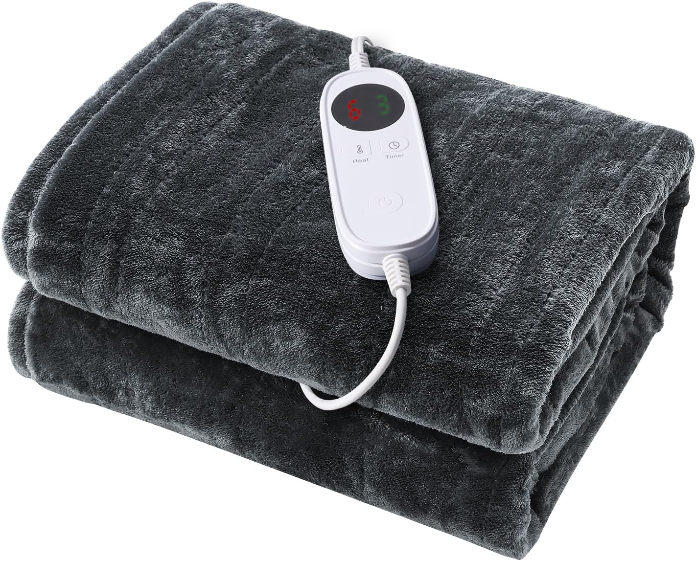 HYLEORY Heated Blanket Electric Throw Dark Grey 62" x 84" Flannel Fast Heating Blanket,6 Heat Settings 9 Hour Auto Shut Off,Home Office Use Machine Washable
