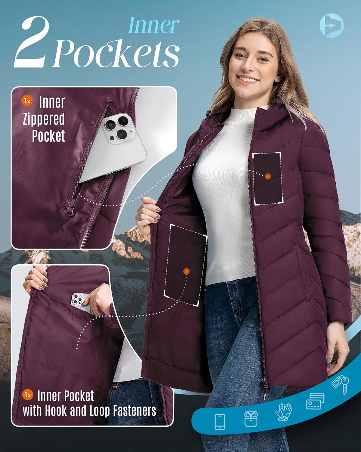 Outdoor Ventures Women's Long Hooded Lightweight Puffer Coat Quilted Insulated Winter Jacket - Image 3