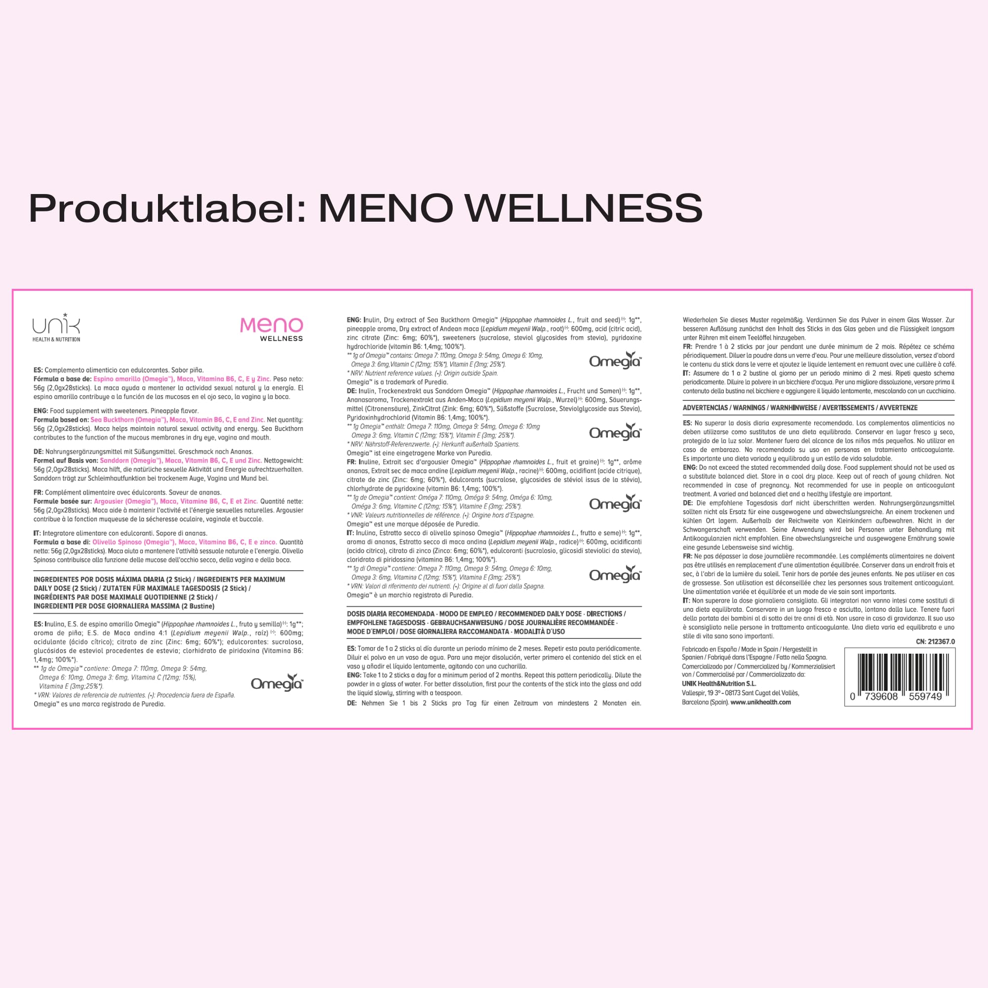 Nahrungsergänzung für die Wechseljahre – Maca, Sanddorn OMEGIA™ + Zink + Vitamin B6 + C + E – Hormonelle Balance & Energie für Frauen – 28 Sticks | UNIK HEALTH