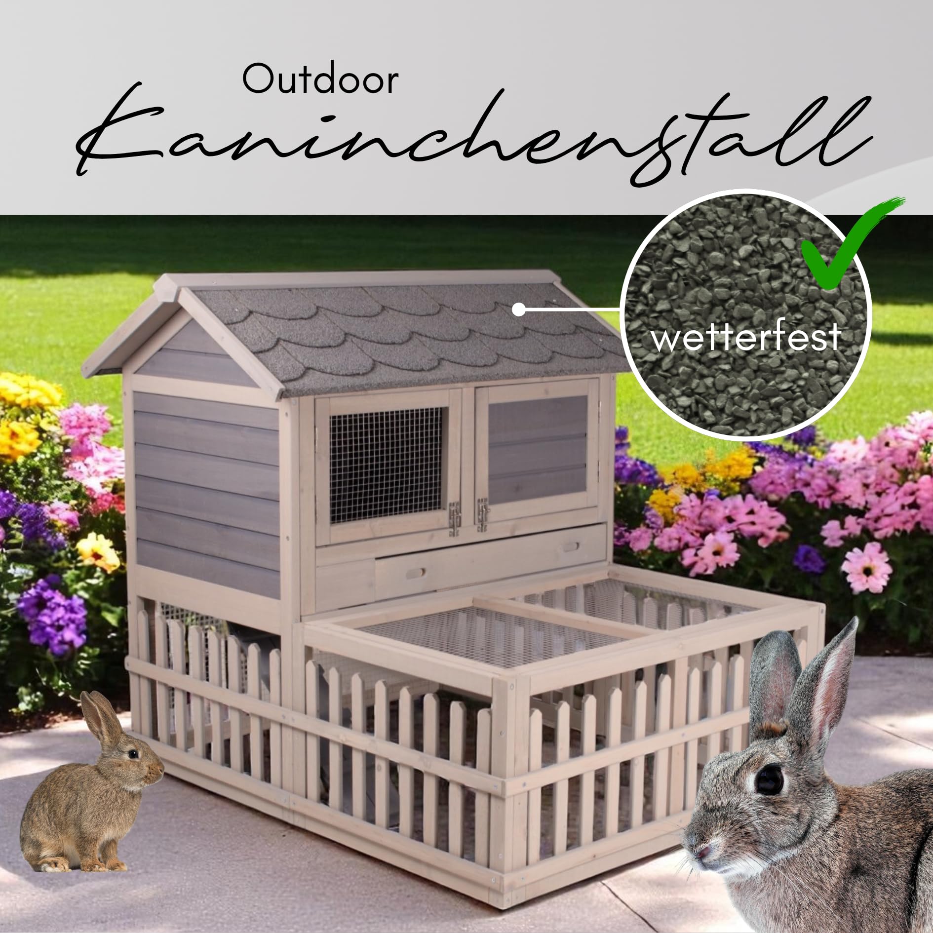 Kaninchenstall für draußen, grau/braun | Robuster Kaninchenstall für draußen mit wetterfester Lasur und sicherem Rückzugsort für eine artgerechte Tierhaltung.