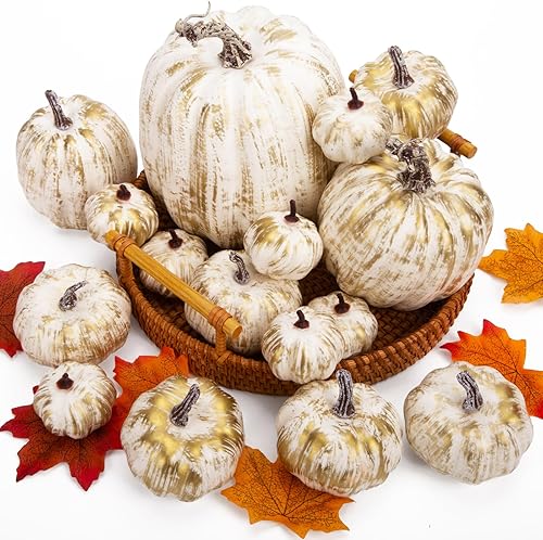 Miniatura 3 de DomeStar 16 calabazas artificiales doradas, calabazas falsas surtidas, calabazas de cosecha de otoño, pequeñas calabazas doradas de imitación para