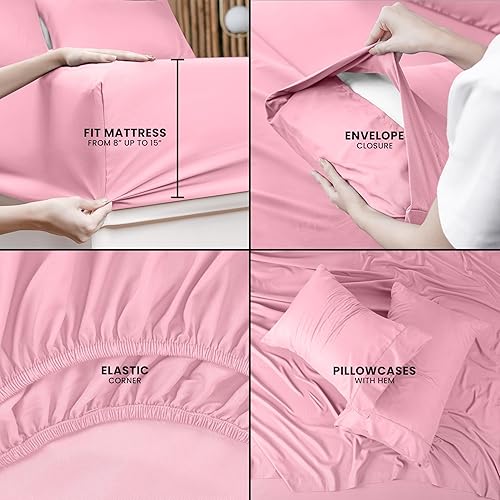 Miniatura 9 de Utopia Bedding Juego de sábanas de 4 piezas, microfibra cepillada, resistente al encogimiento y a la decoloración, fácil cuidado (matrimonial, rosa)