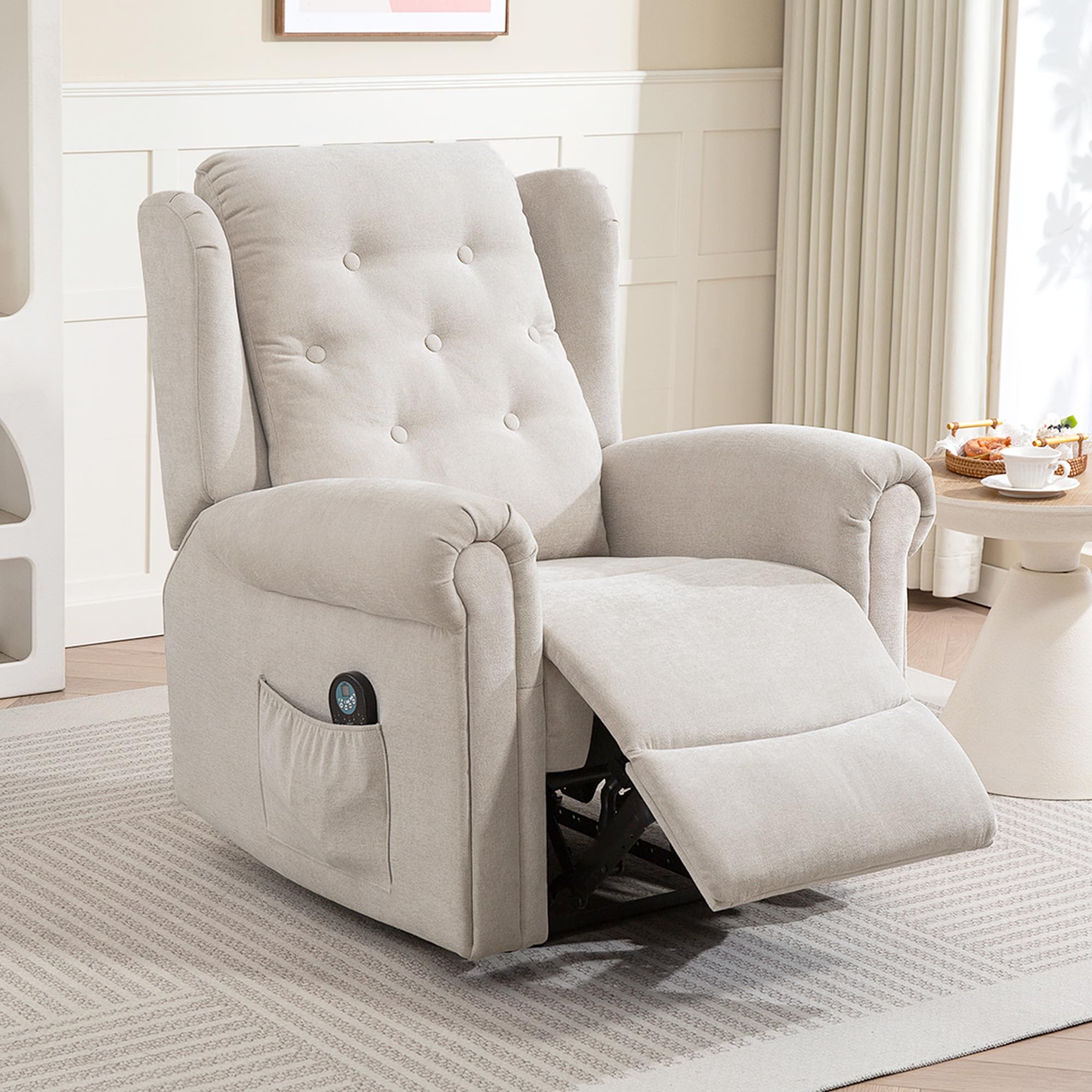 HOMCOM Fauteuil Relax massant et Chauffant, Fauteuil inclinable Beige | Dossier et Repose-Pieds Réglables Manuellement, Tissu Aspect Lin, Poche Latérale, pour Salon, Chambre