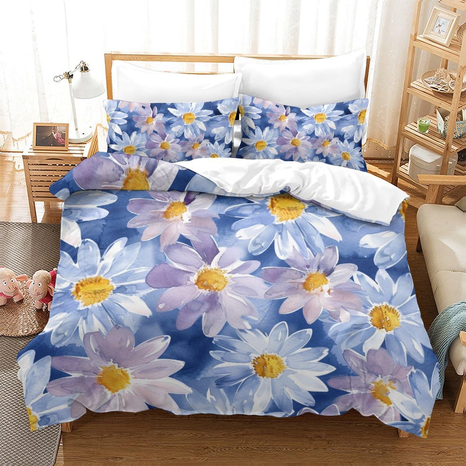 Housse de couette respirante 3D chrysanthème 220x240 en microfibre douce anti-plis
