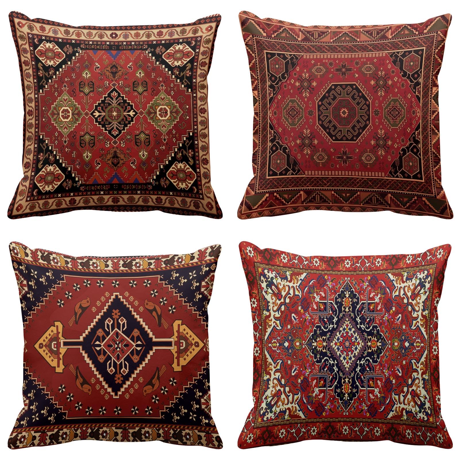Emvency Set of 4 Throw Pillow Covers Tribal Abstract Red and Black Vintage Carpet Pattern Decorative Pillow Cases Home Decor Standard Square 18x18