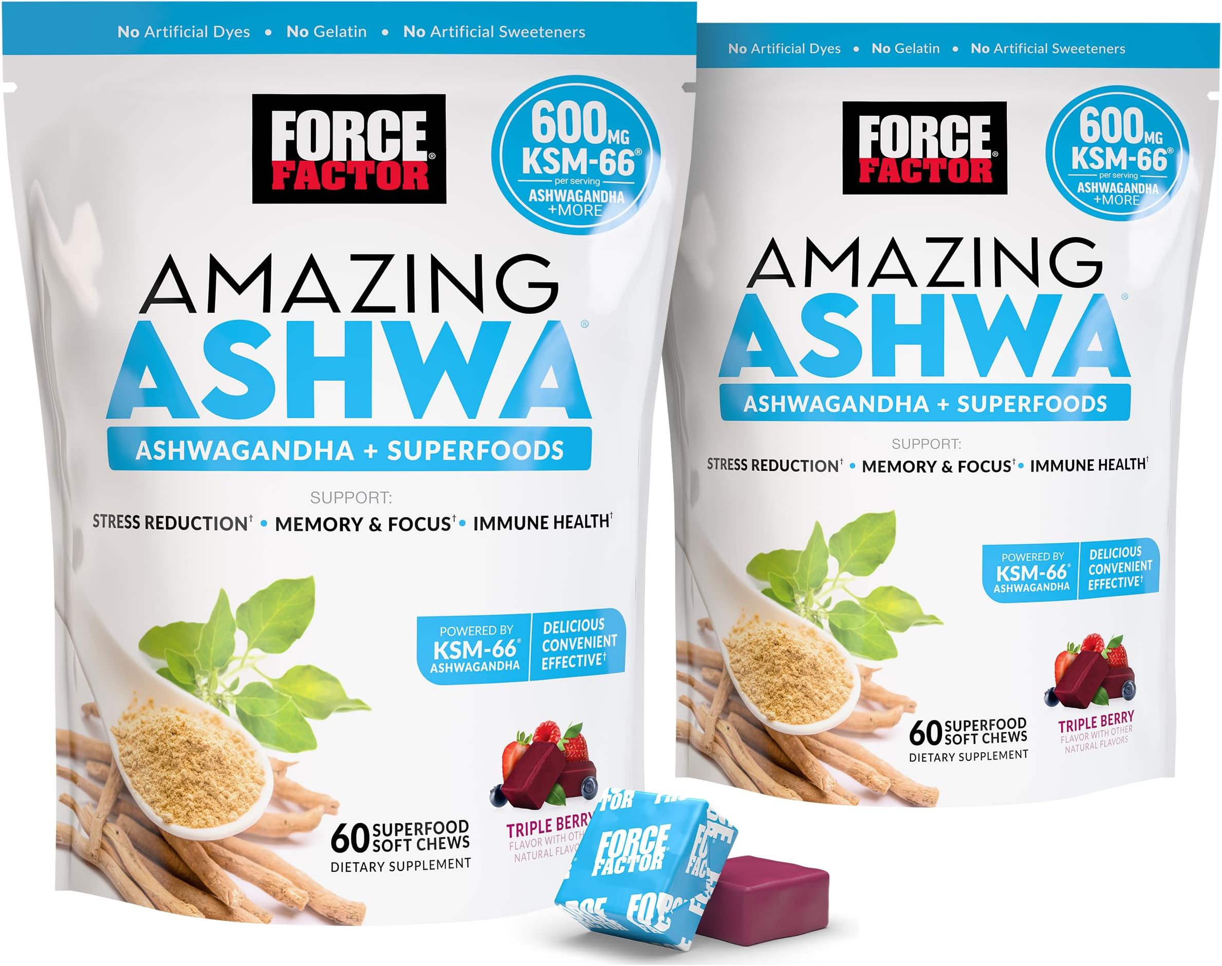 Force Factor Amazing Ashwa for Stress Relief, Memory, Focus, and Immune Support Health, Ashwaganda Supplement with KSM-66 Ashwagandha for Stress, 120 Soft Chews
