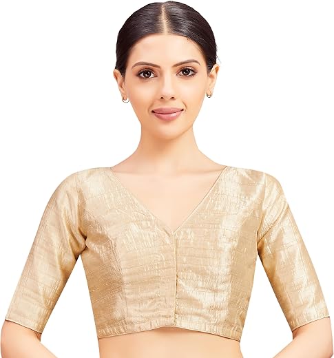 Studio Shringaar Women Readymade Raw Silk V Neck Saree Half Sleeve Blouse