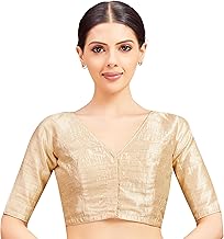 Studio Shringaar Women Readymade Raw Silk V Neck Saree Half Sleeve Blouse