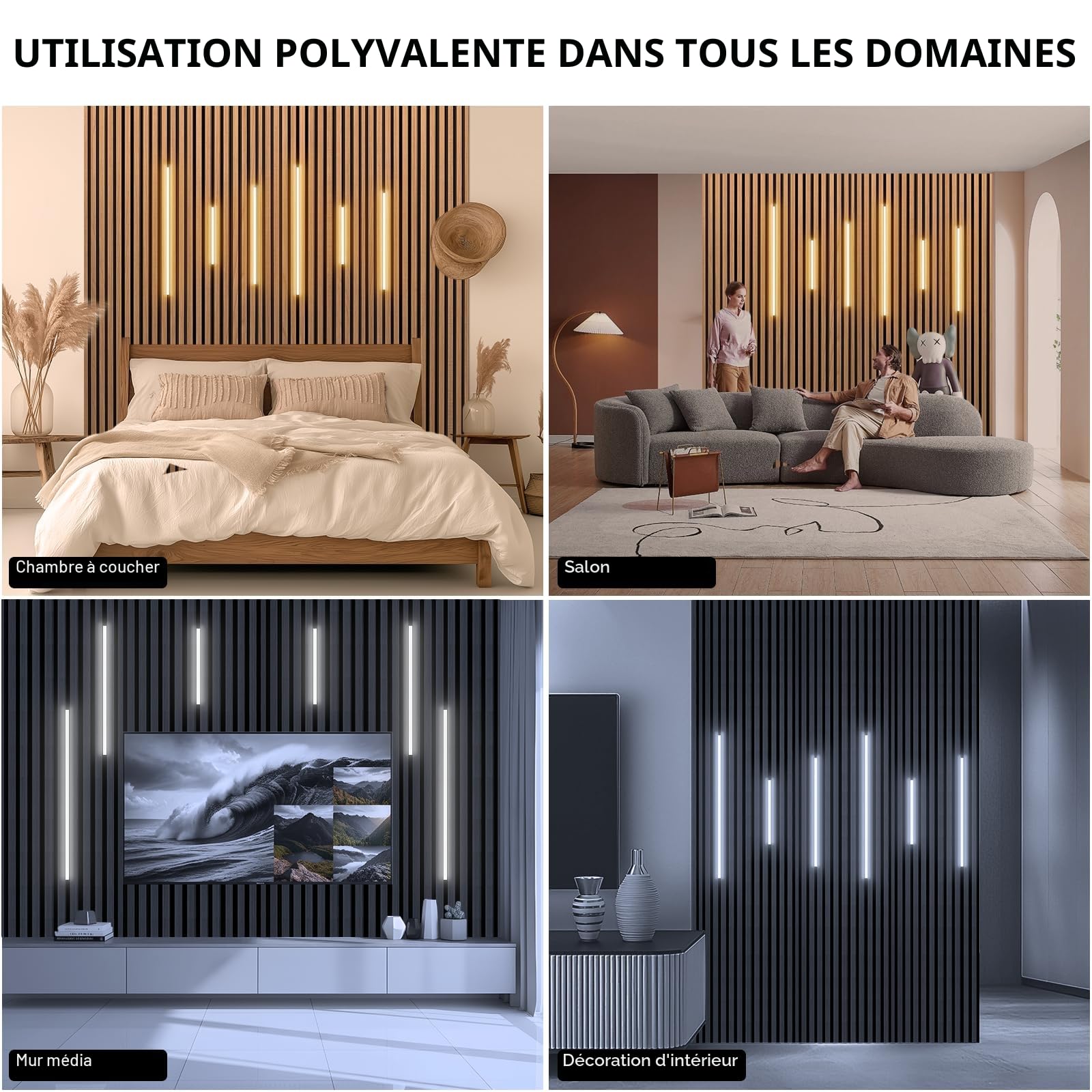 Led Pour Panneau Acoustique Bois, 6 Pack 2700K-6500K Blanc Chaud à Blanc Froid Gradable Ruban Led Compatible Alexa, App Et Télécommande Autocollant Ruban Led Panneau Tasseau Bois (46*2+60*2+90*2cm)