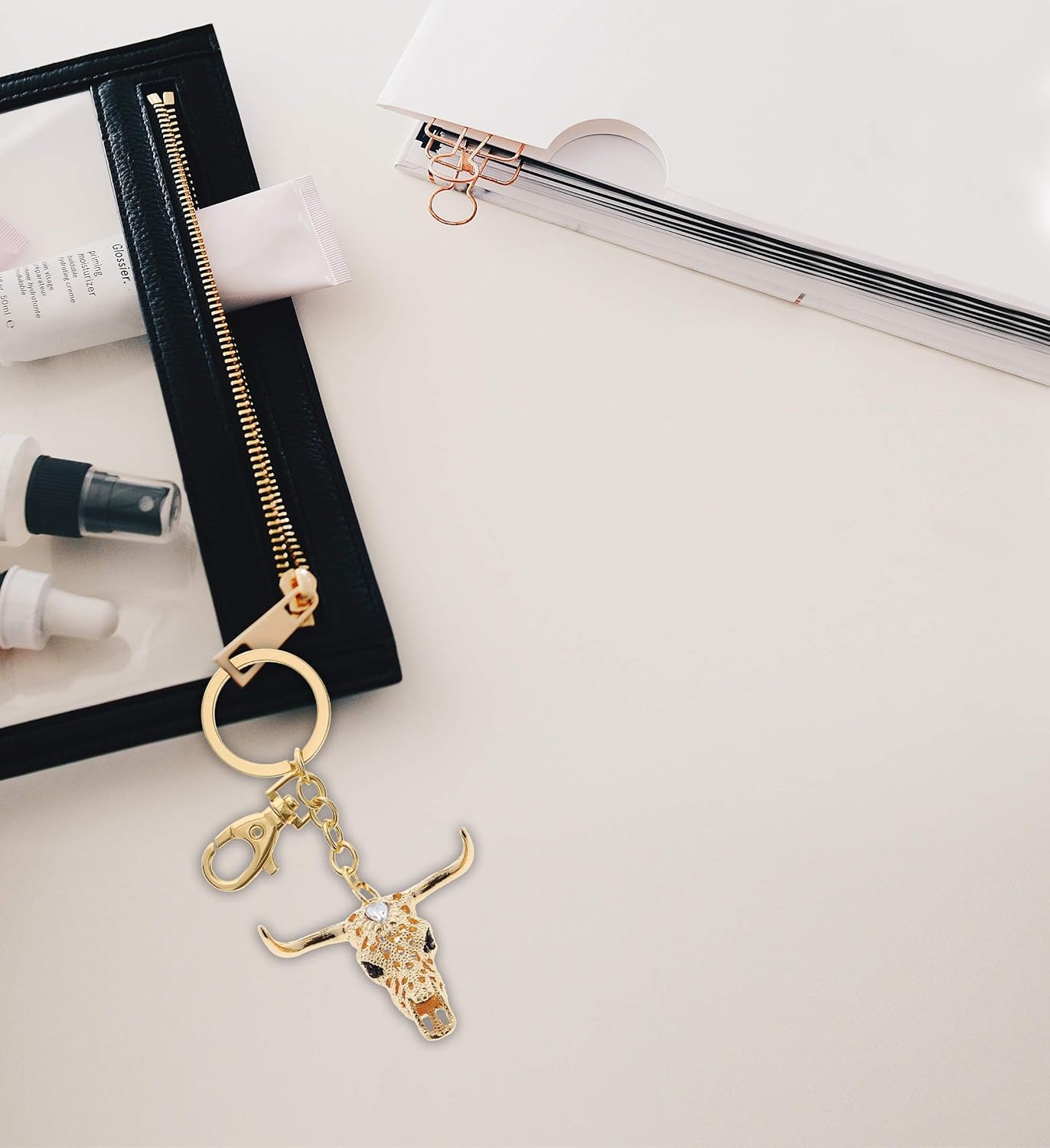 Longhorn Skull Keychain - Gold 3D Sparkling Charm Rhinestones Fashionable Stylish Metal Alloy Durable Key Ring Bling Crystal Jewelry Accessory With Clasp - Image 6