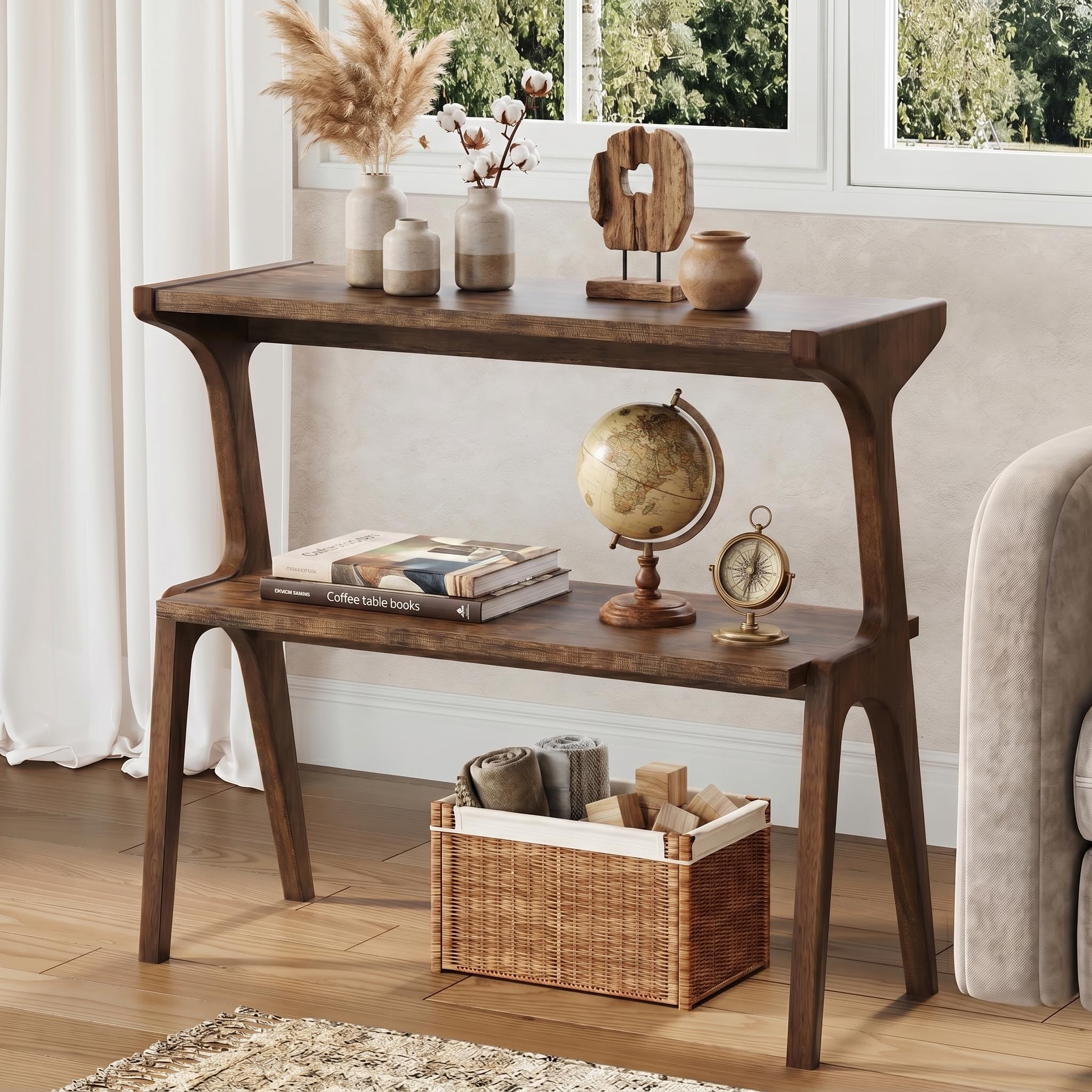 LITTLE TREE Narrow Side Table 2 Tier Solid Wood with Storage Compartment High Sleek Bedside Table for Living Room Bedroom Walnut Wood