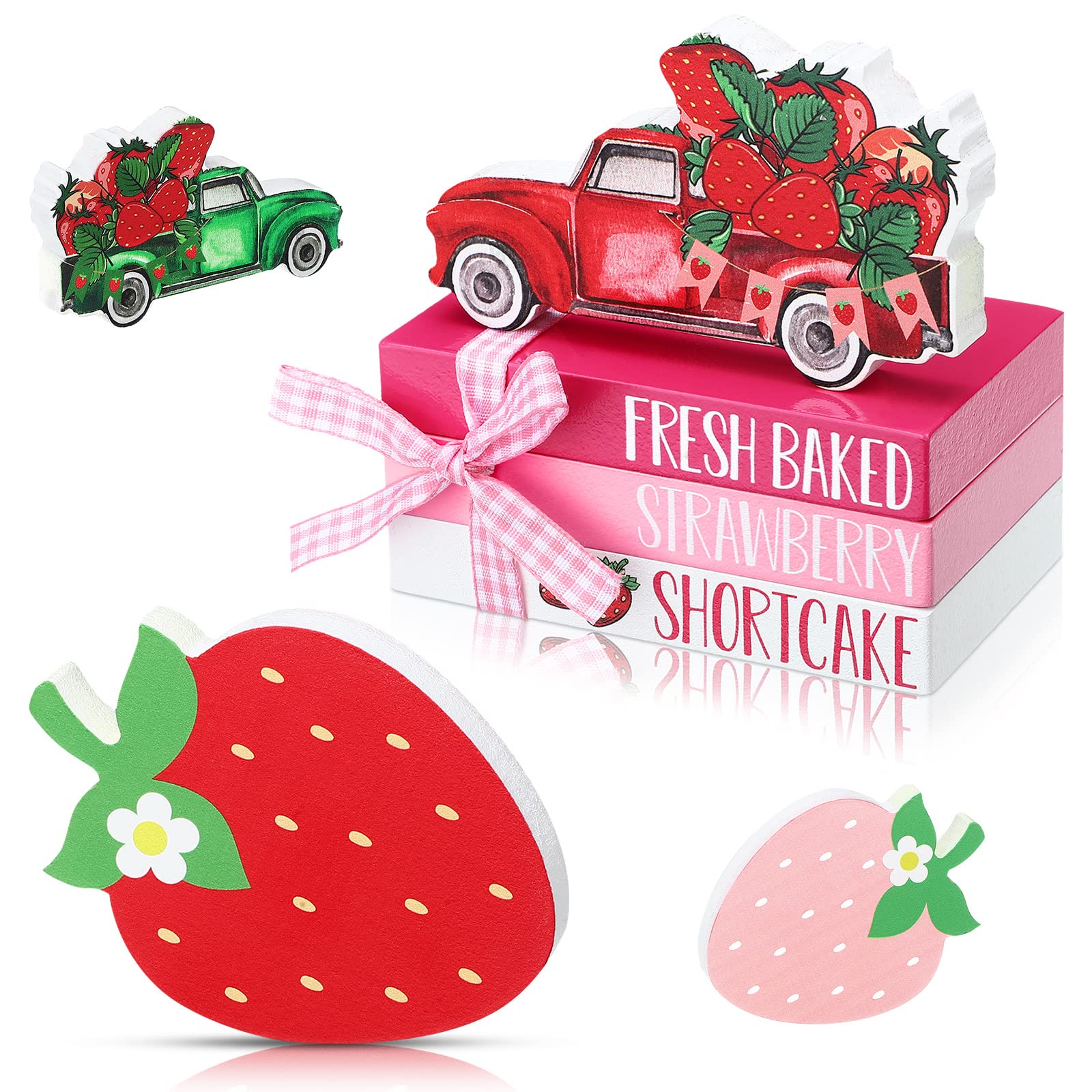 5 Pcs Books Bundle with Truck Summer Wooden Tiered Tray Decor Mini Wooden Decorative Books Stack with Twine Fresh Decor Rustic Truck Decor Rustic Farmhouse Home Kitchen Decor(Strawberry)