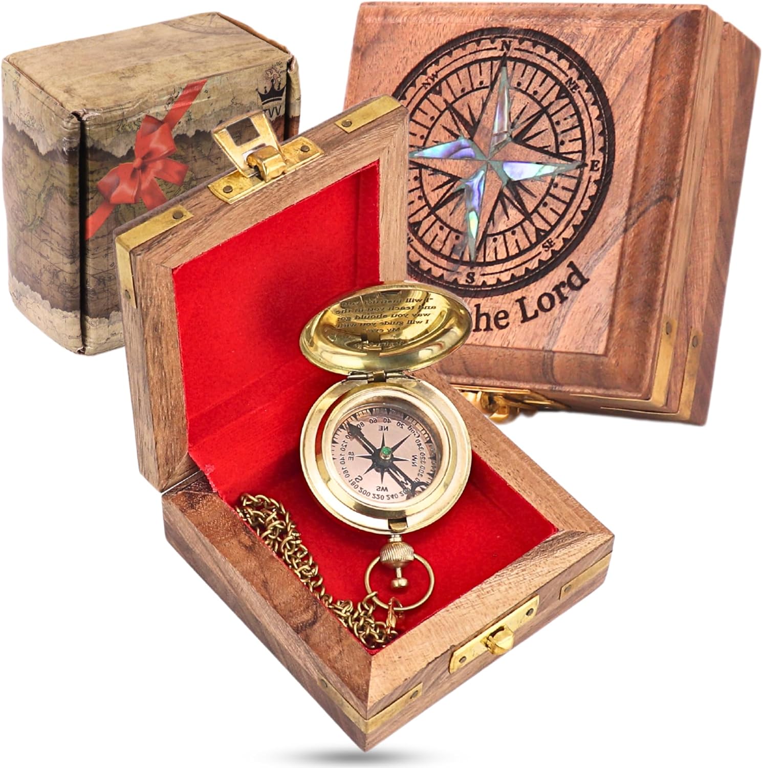 Khadija Handicraft-Solid Brass Pocket Compass with Bible Verses – Baptism Gifts for Boys, Religious Compass Gift for Graduation, Confirmation – Includes Wooden Box & Greeting Card