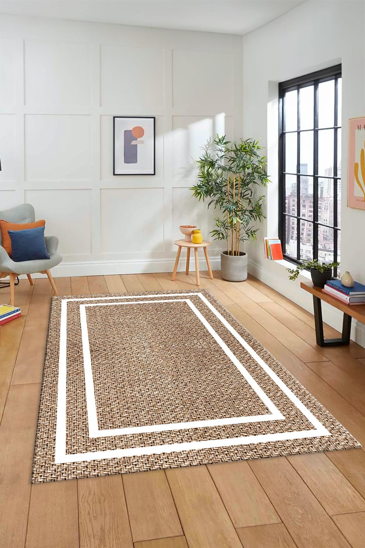 Evdeya Jüt-Hasır Desenli Dijital Baskı Kaymaz Taban Yıkanabilir Yolluk Koridor Salon Halısı JÜT-12, Kahverengi, 100 x 250