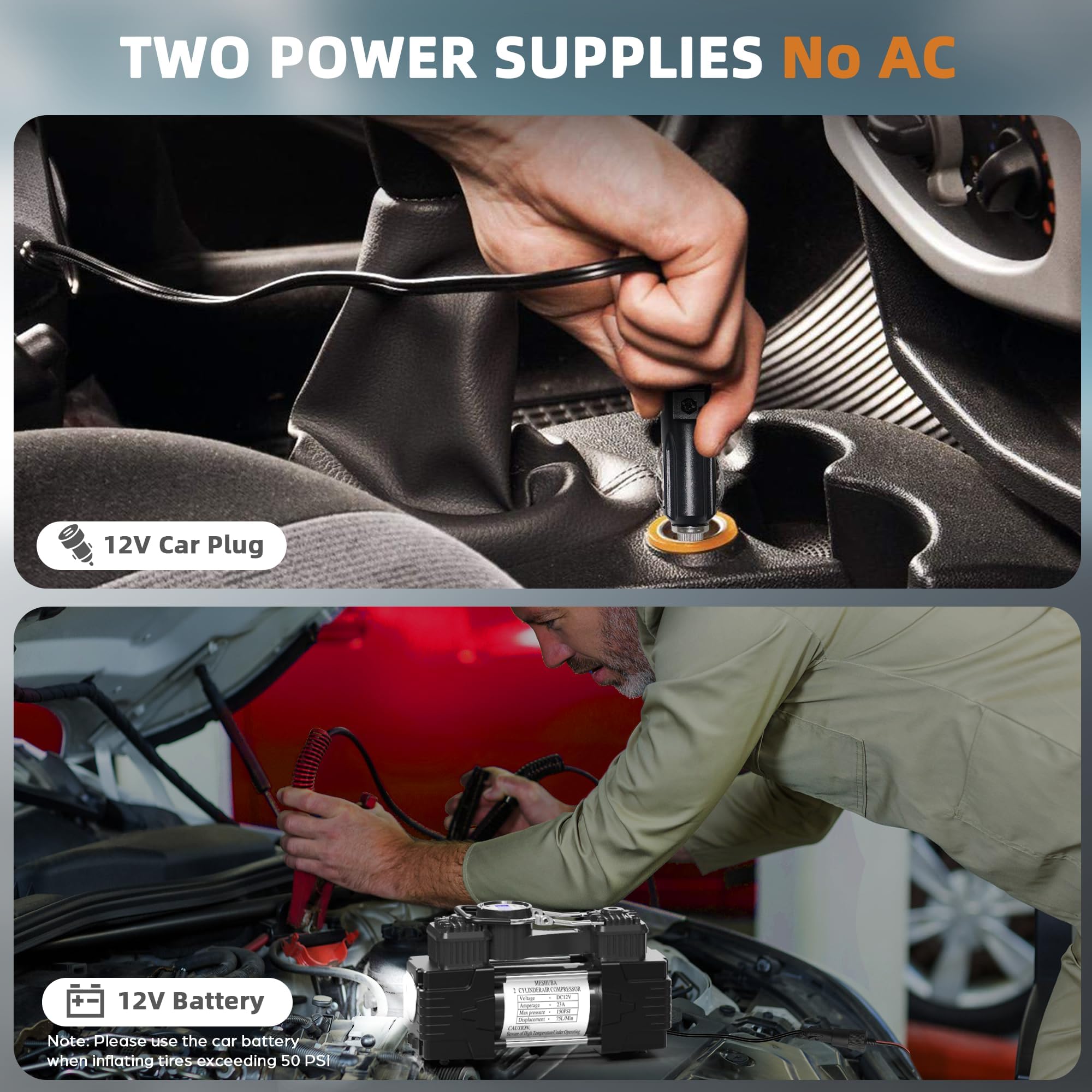 Compressore d'aria a doppio cilindro, 150 psi, 12 V CC, portatile, accessorio per auto, luce a LED, resistente, per camion, SUV, auto, camper, per uomini e donne (nero)
