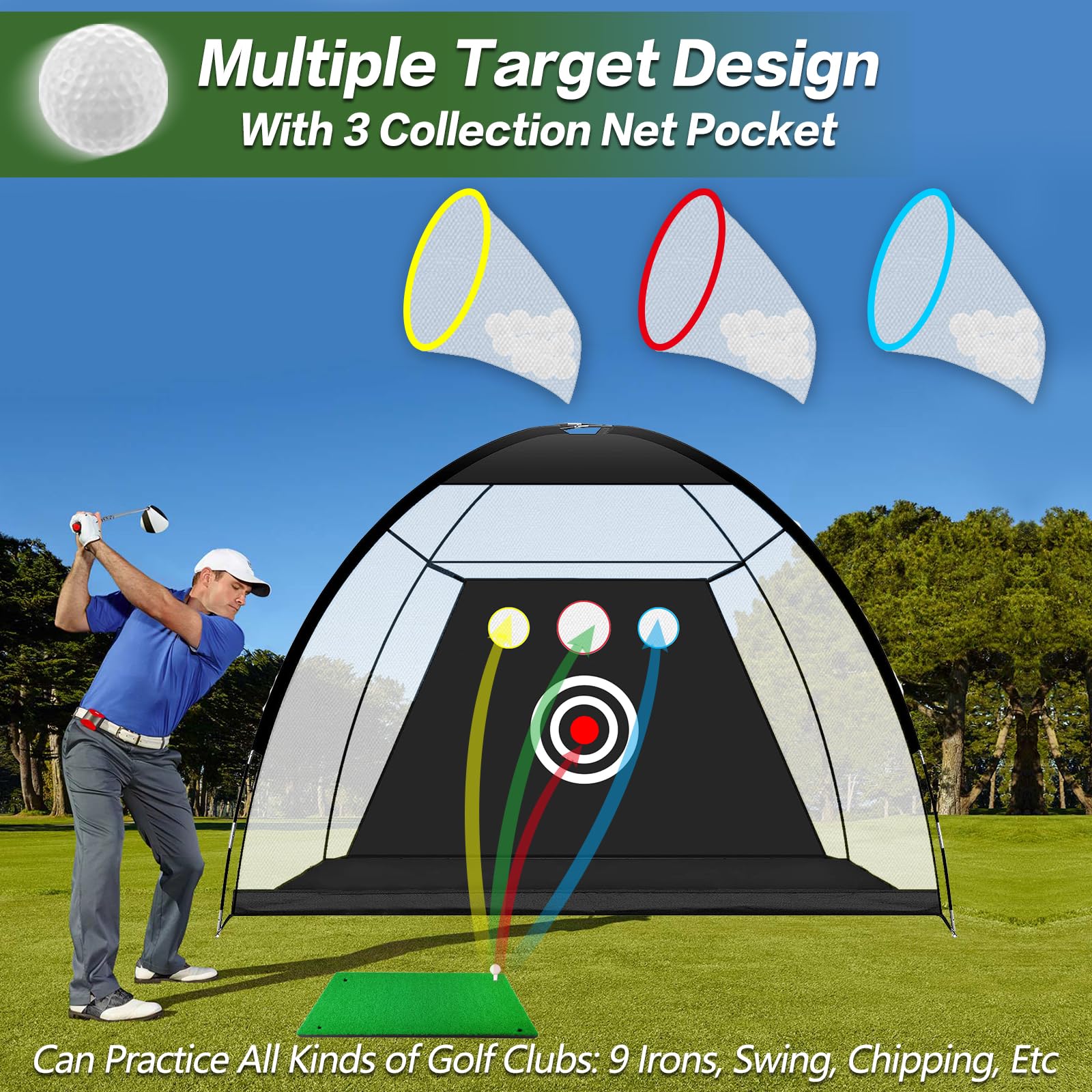 Filet de Golf Practice 3M avec 3 Pièces 2,25 2,75 3 Tés Tees en Caoutchouc et Tapis 60x30cm, Entraîneur de Swing Filets d’Entraînement pour Jardin Intérieur Extérieur