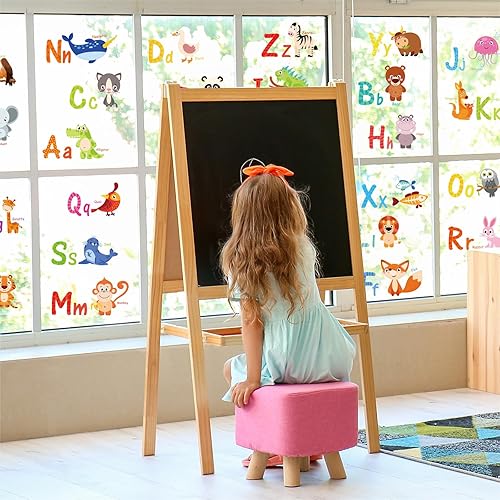 Miniatura 2 de Whaline 9 hojas de letras del alfabeto para ventana, diseño de animales de dibujos animados, ABC, calcomanías de doble cara con letras coloridas