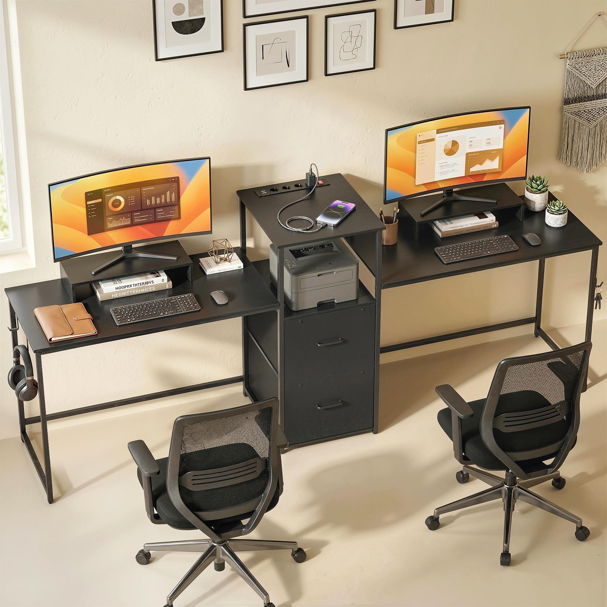 HOMCOM Mesa Gaming Doble Extralargo 244 cm con Estación de Carga Negro | Mesa Gamer, Escritorio Doble, Puertos USB, Soportes para Monitor, Cajones de Tela, Ganchos para Auriculares