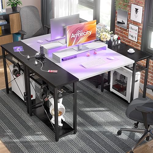 Miniatura 2 de Armocity - Escritorio para computadora con luces LED, escritorio de 55 pulgadas con toma de corriente y USB, escritorio grande reversible con