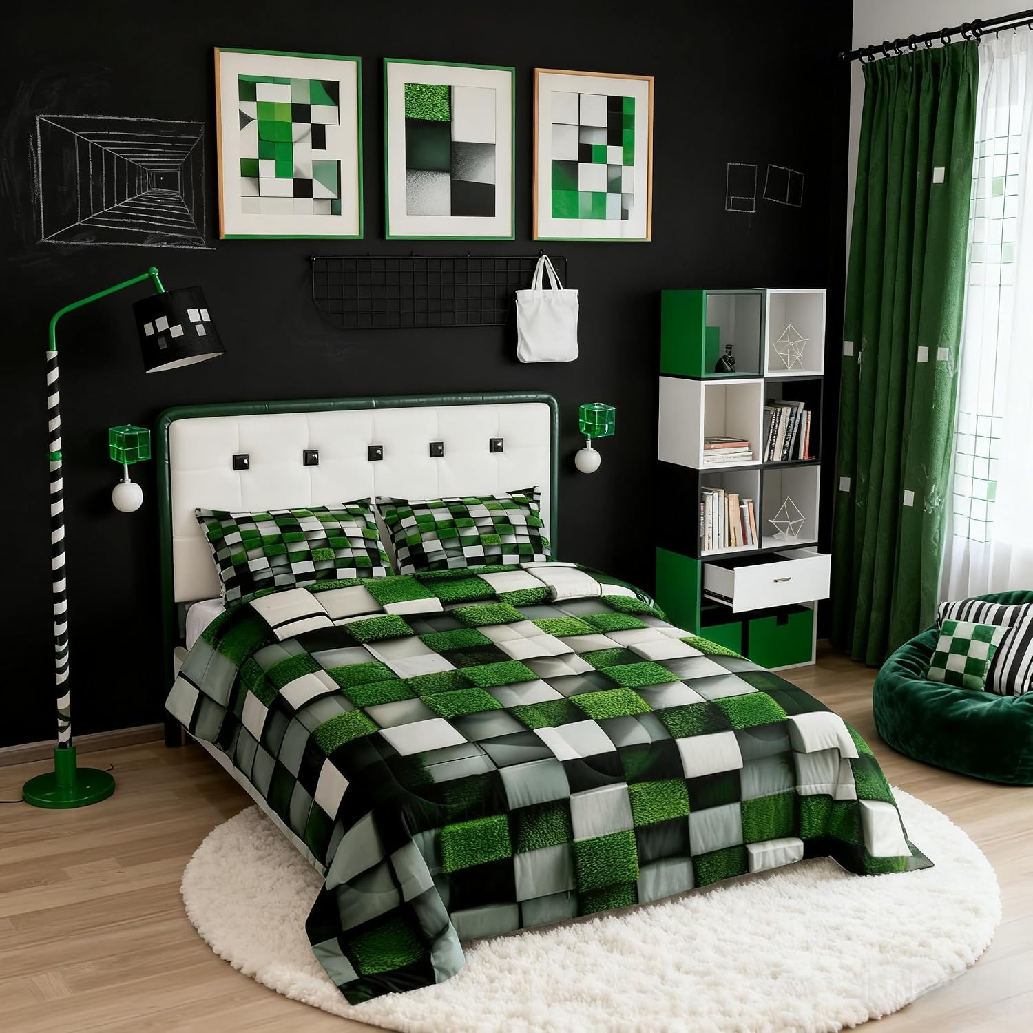 Manfei Pixelated Miners Game Bedding Set Twin Size, Video Games Cartoon Gamepad Comforter Set，Modern Geometric Check Quilt Comforter Boys Teens,Green White Room Decor All Season,1 Pillowcase image 2