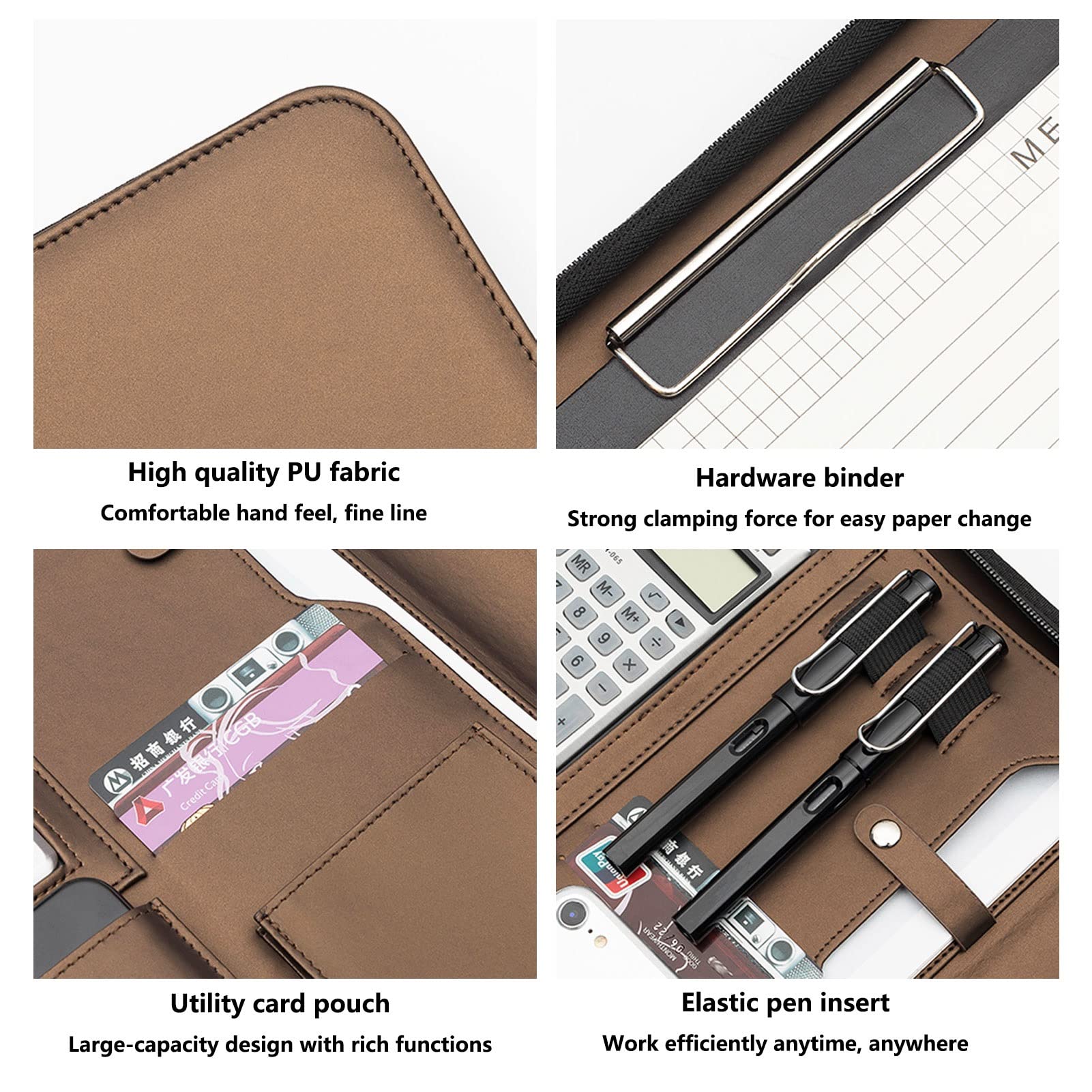 Organizator folderów Padfolio A4, zapinana na zamek, skórzana teczka, schowek, organizer na dokumenty z kalkulatorem, prezentacja biznesowa, notes do pisania, teczka do pracy, szkoły(Black)
