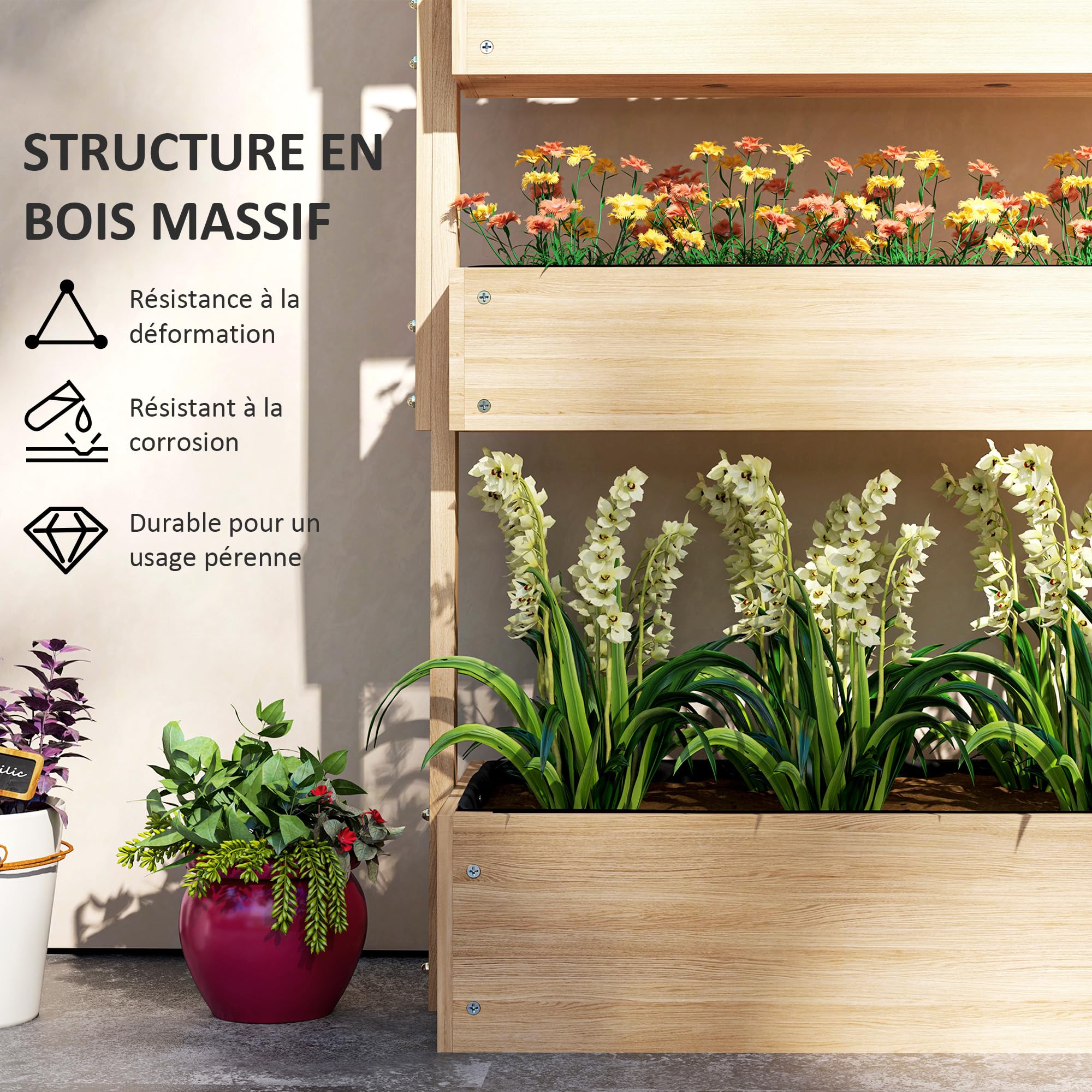 Outsunny Jardinière Surélevée en Bois avec 4 Étages, Doublure, Bois Naturel | Escalier de Fleurs, Trous de Drainage, pour Terrasse, Balcon et Jardin