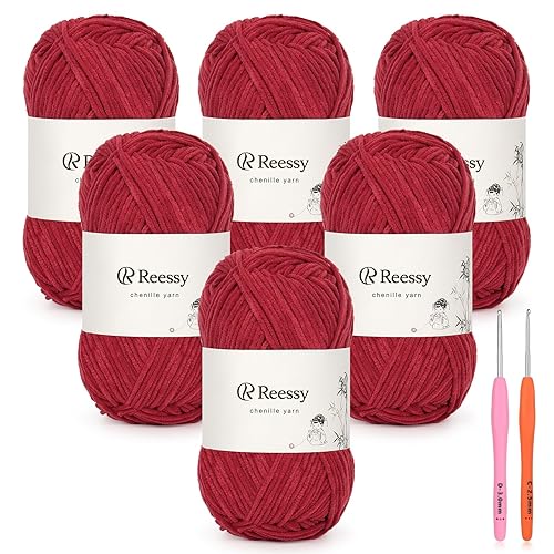 Reessy Skinny Chenille Yarn for Crocheting - 6 Pack of 50g/1.76oz - Soft Fluffy Chenille Yarn - Baby Weights, Ideal Crochet Yarn for Baby Blankets, Plush Toys & Wearables - 951yd Total(Burgundy) - Burgundy