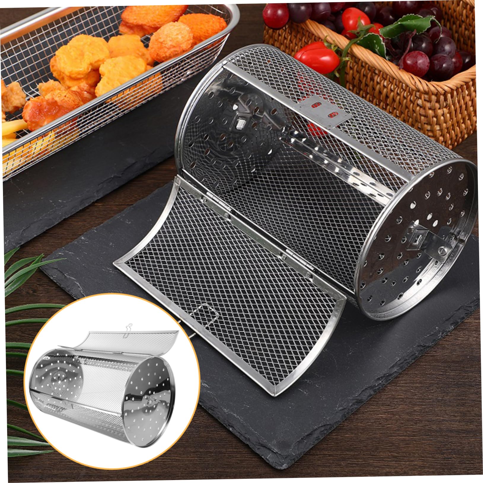 BESTonZON Cesta Giratoria De Acero Inoxidable Para Horno y Barbacoa Jaula Asadora De Para Frutos Secos Carne y Verduras Accesorio Para Freidora De Aire y Asador Rotatorio De Cocina