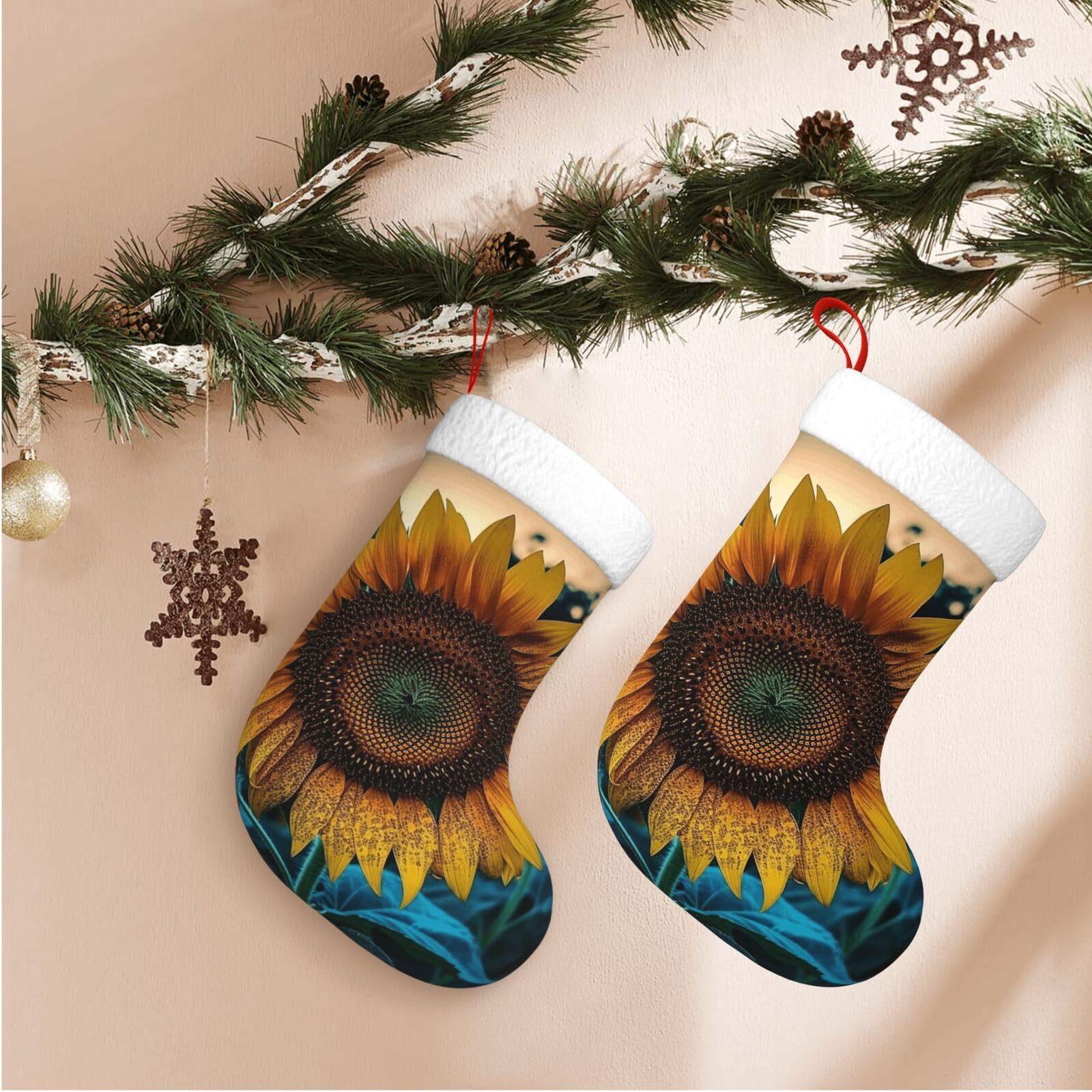 17.7" Christmas Stocking 1 Piece, The Most Beautiful Sunflower Xmas Stockings with White Plush Cuff Fireplace Hanging Stocking for Christmas Holiday Party Decoration
