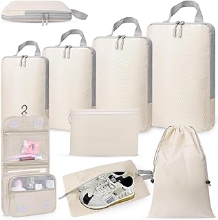 Compression Packing Cubes for Suitcases 8 Set Travel Organizer Bags Compression Cubes Bags Suitcase Packing Organizer Carry on Luggage Organizer Bags with Toiletries Bag and Shoe Bag Travel Essentials