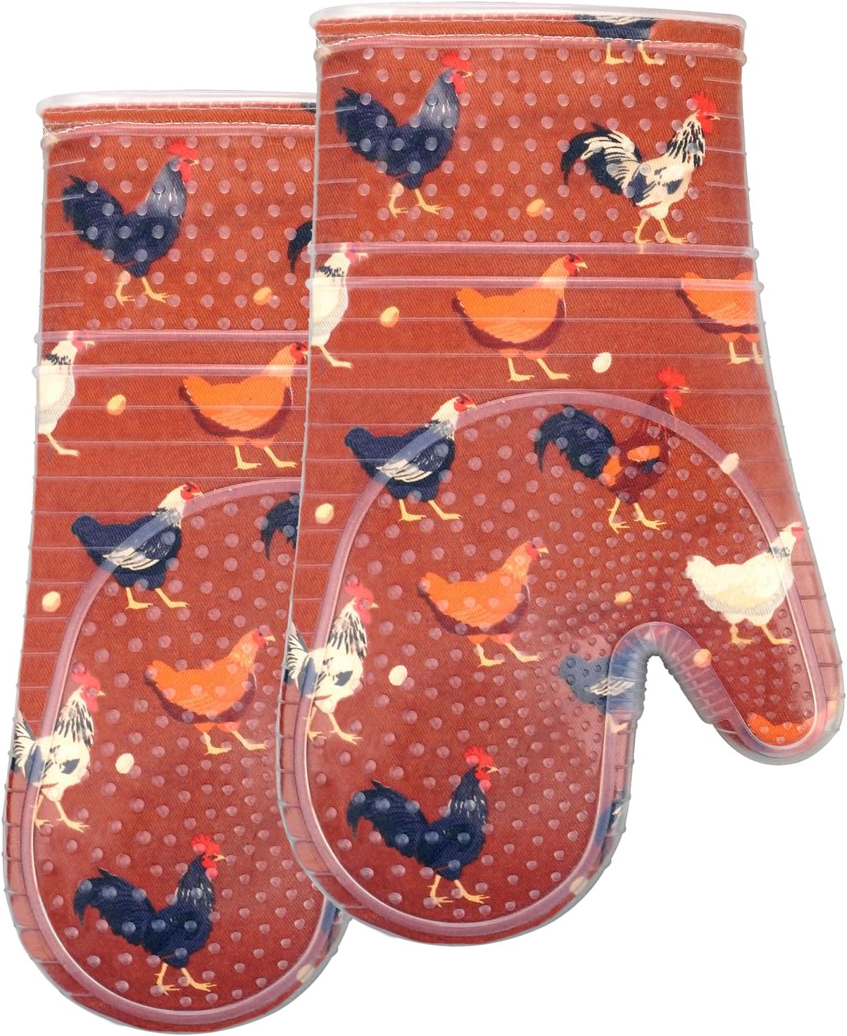 Oven Mitts Set of 2 with Transparent Clear Silicone Shell and Nice Shell Flower Cotton Lining, Heat Resistant to 500 F Kitchen Oven Gloves Pot Holder for Cooking (Rooster, Oven Mitts)