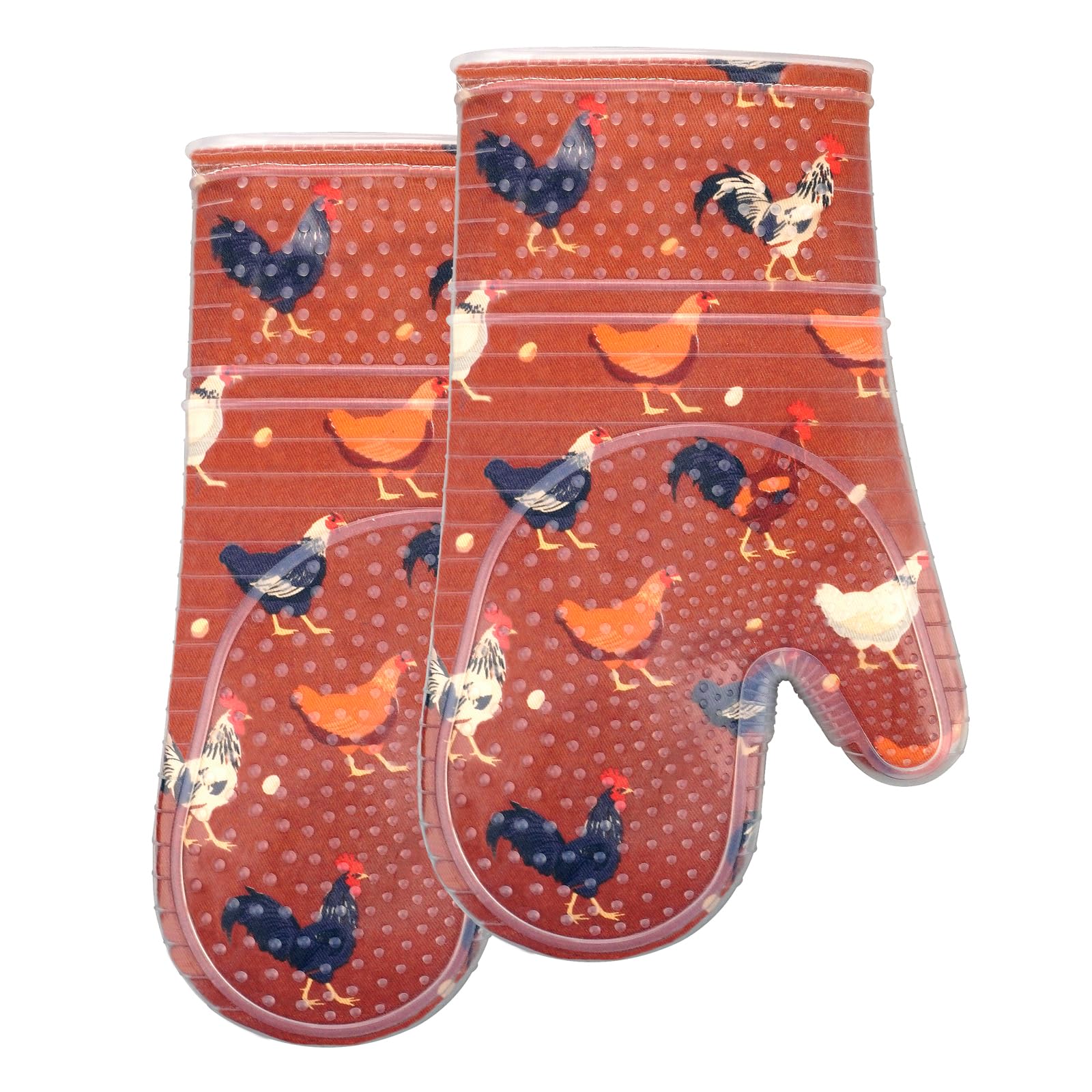RED LMLDETA Oven Mitts Set of 2 with Transparent Clear Silicone Shell and Nice Shell Flower Cotton Lining, Heat Resistant to 500 F Kitchen Oven Gloves Pot Holder for Cooking (Rooster, Oven Mitts)