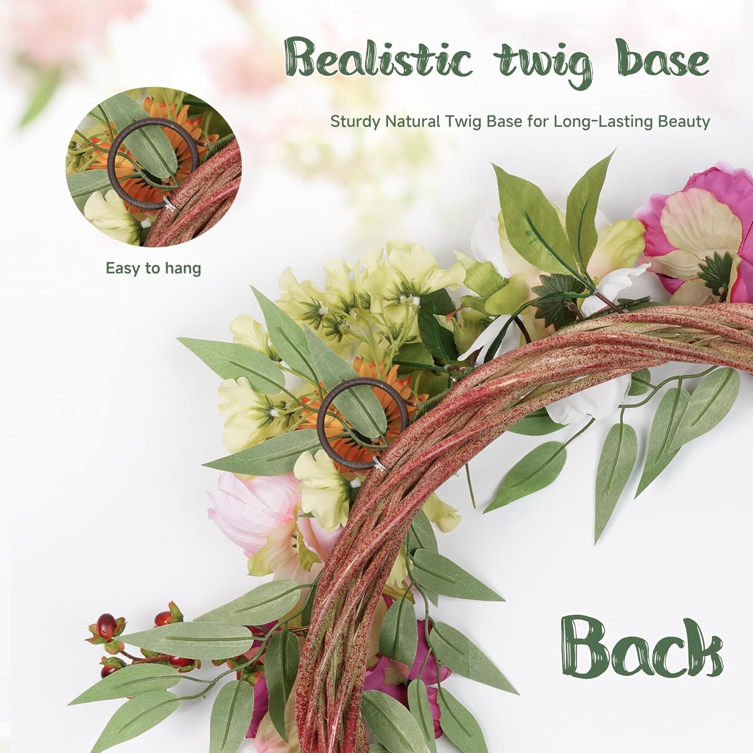 24in Peony Wreaths for Front Door, Large Spring Summer Floral Door Wreath with Hydrangea, All Year Round Colorful Flower Wreath for Farmhouse Wall Welcome Indoor Outdoor Decor (Twig Base)